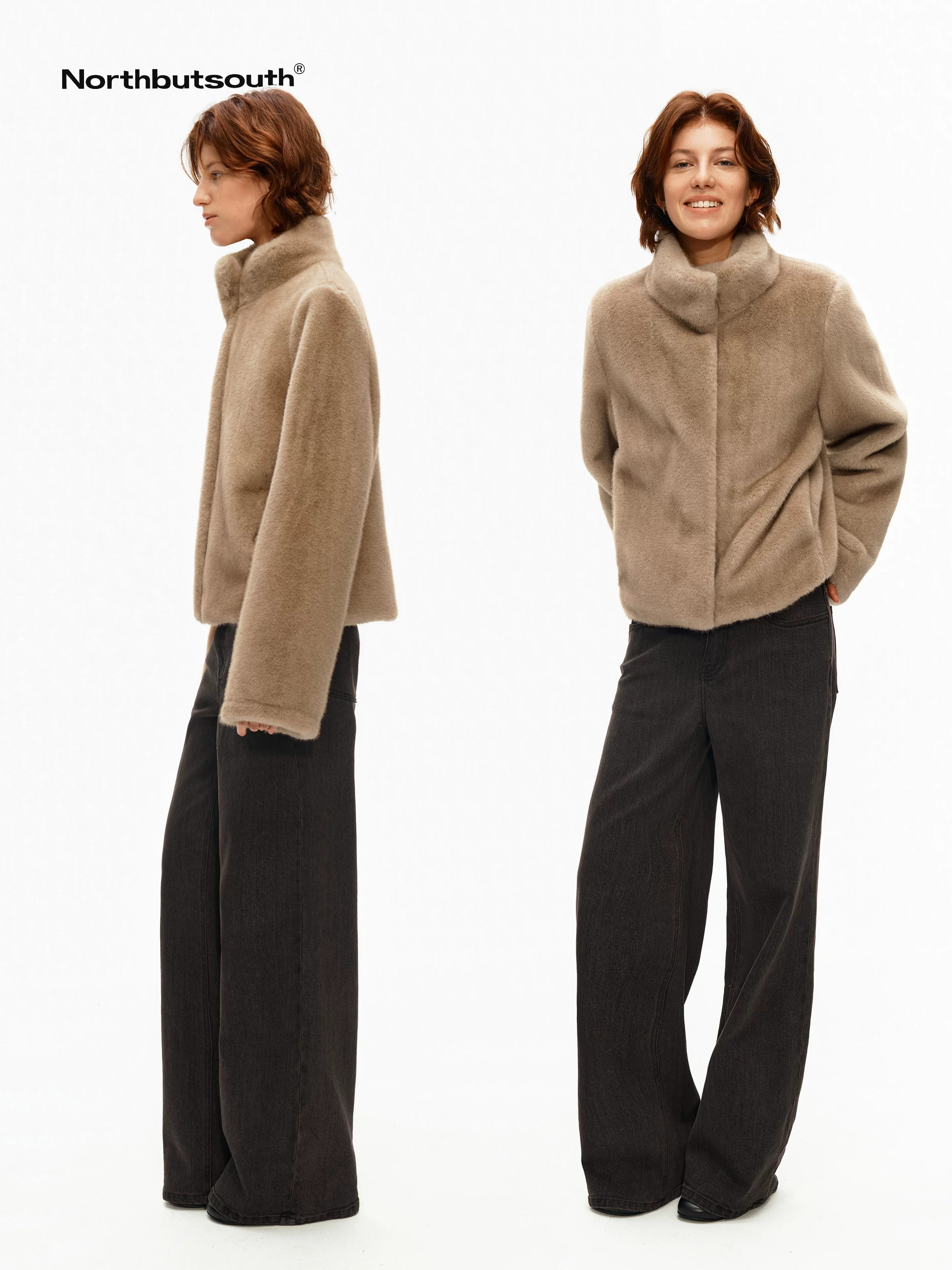 Khaki Fluffy Stand Collar Cropped Loose Fit Women&