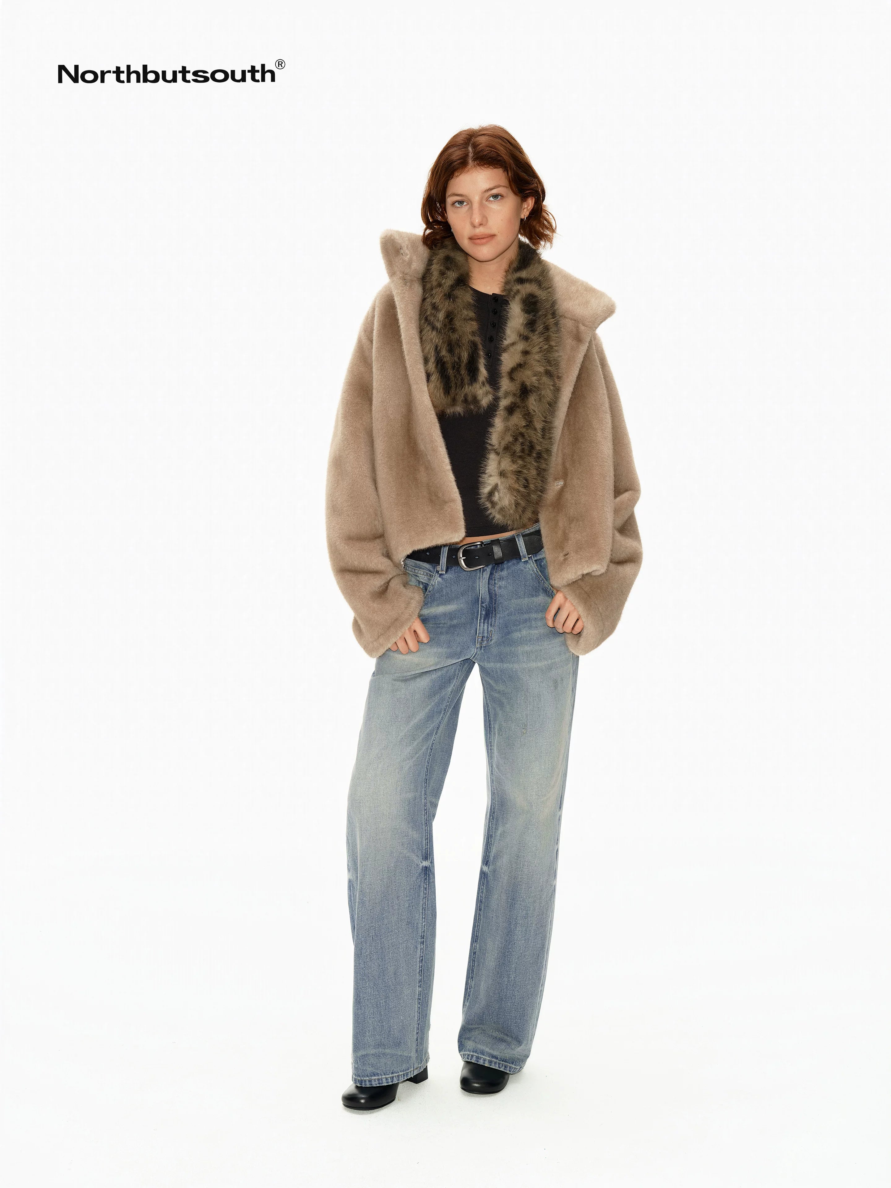 Khaki Fluffy Stand Collar Cropped Loose Fit Women&