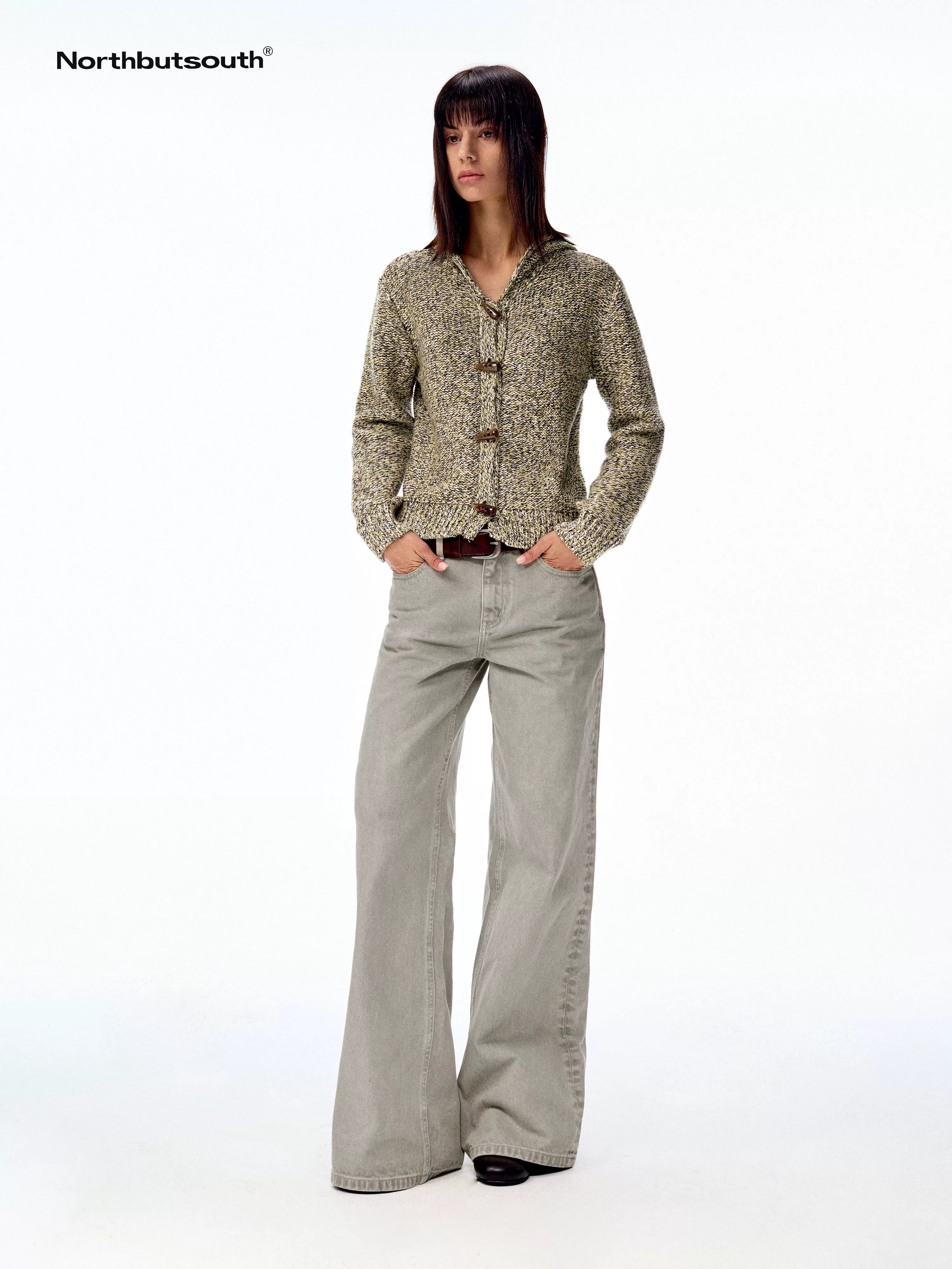 Khaki Green Low Rise Zip Fly Loose Fit Casual Women&