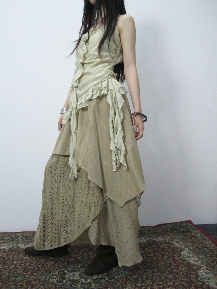 ang project Vintage Floral Patchwork Skirt With Elastic Waist