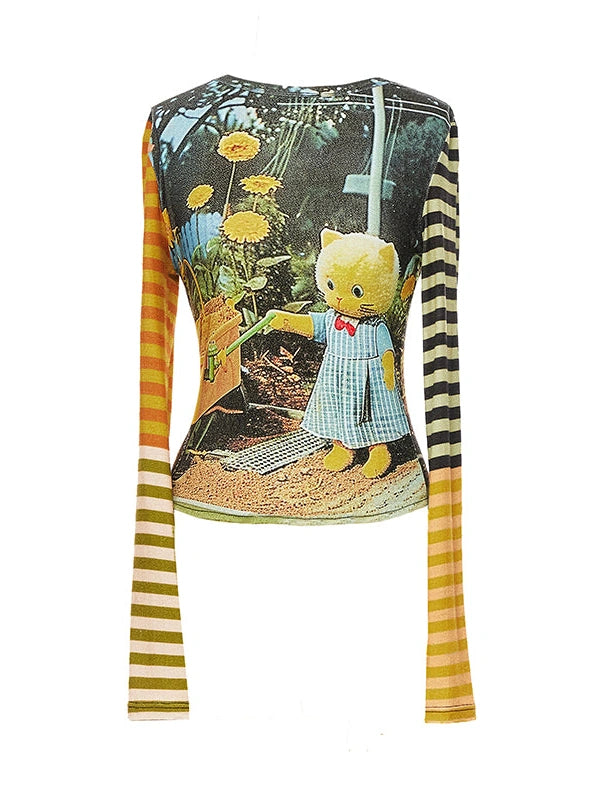 Cat Garden Print Tee With Green Yellow Striped Sleeves V Neck T Shirt Long Sleeve
