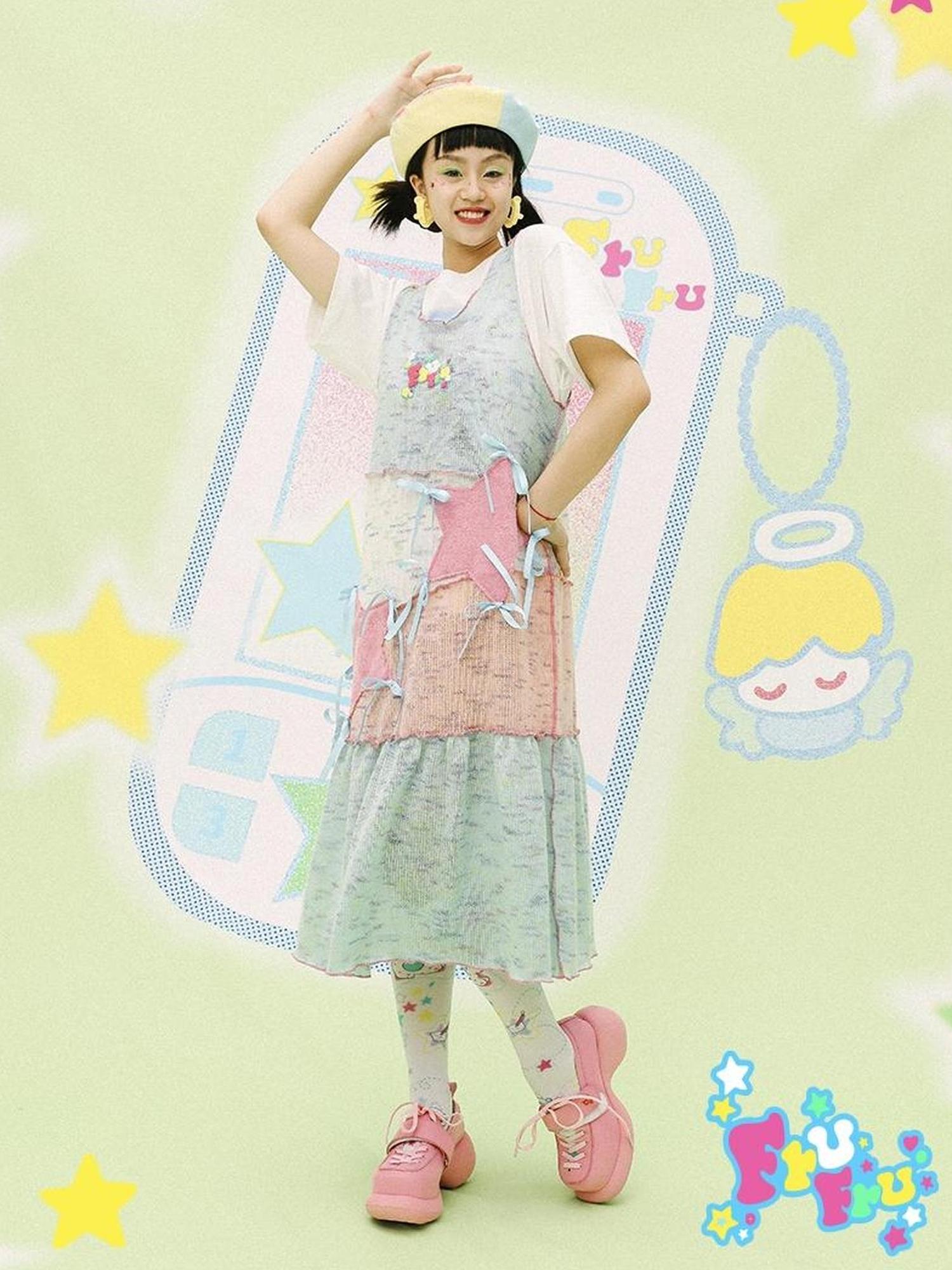 Frufru Gulu Knit Patchwork Slouchy Sweet Vest Dress