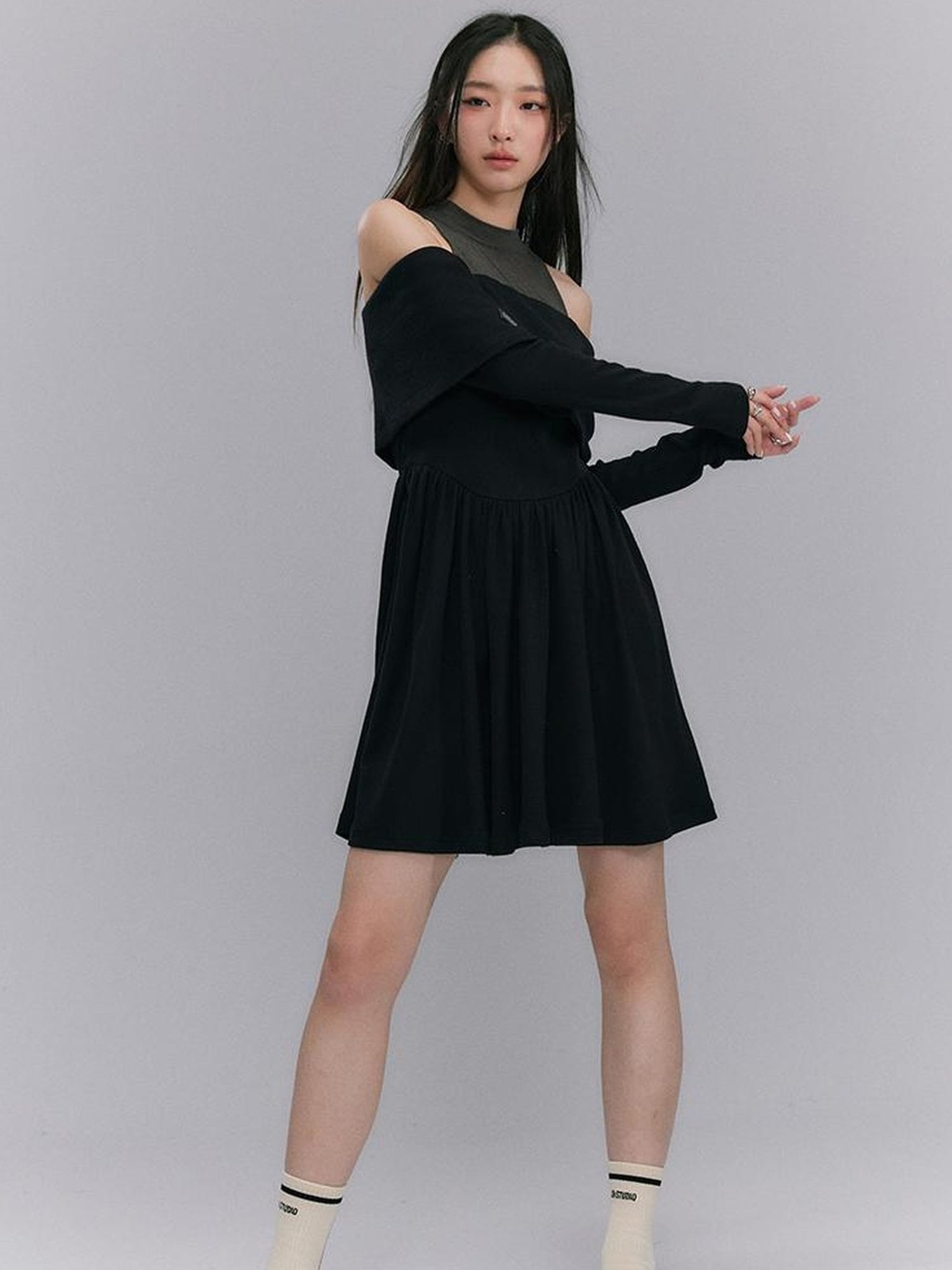 DIDDI MODA Knitted Off Shoulder Layered Dress With Embroidery