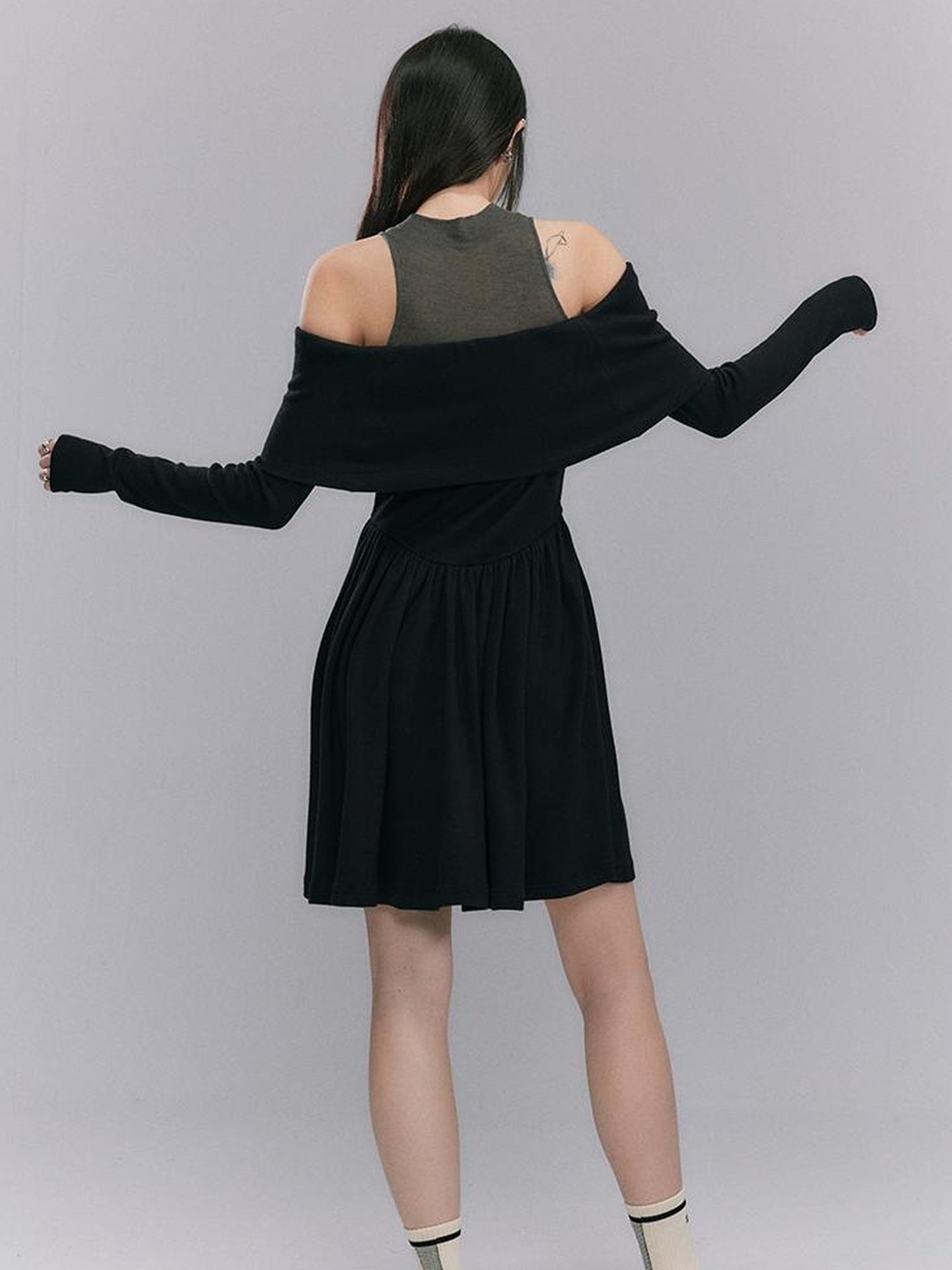 DIDDI MODA Knitted Off Shoulder Layered Dress With Embroidery