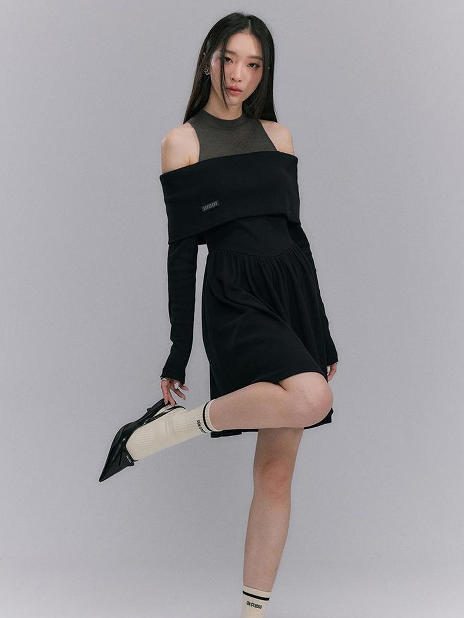 DIDDI MODA Knitted Off Shoulder Layered Dress With Embroidery