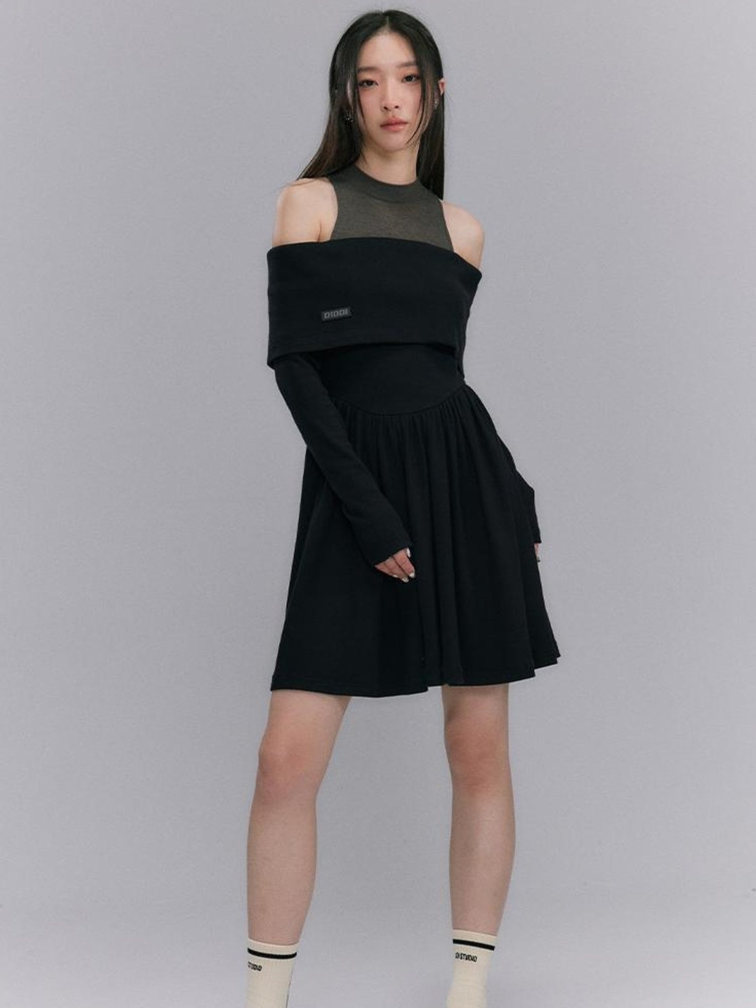 DIDDI MODA Knitted Off Shoulder Layered Dress With Embroidery