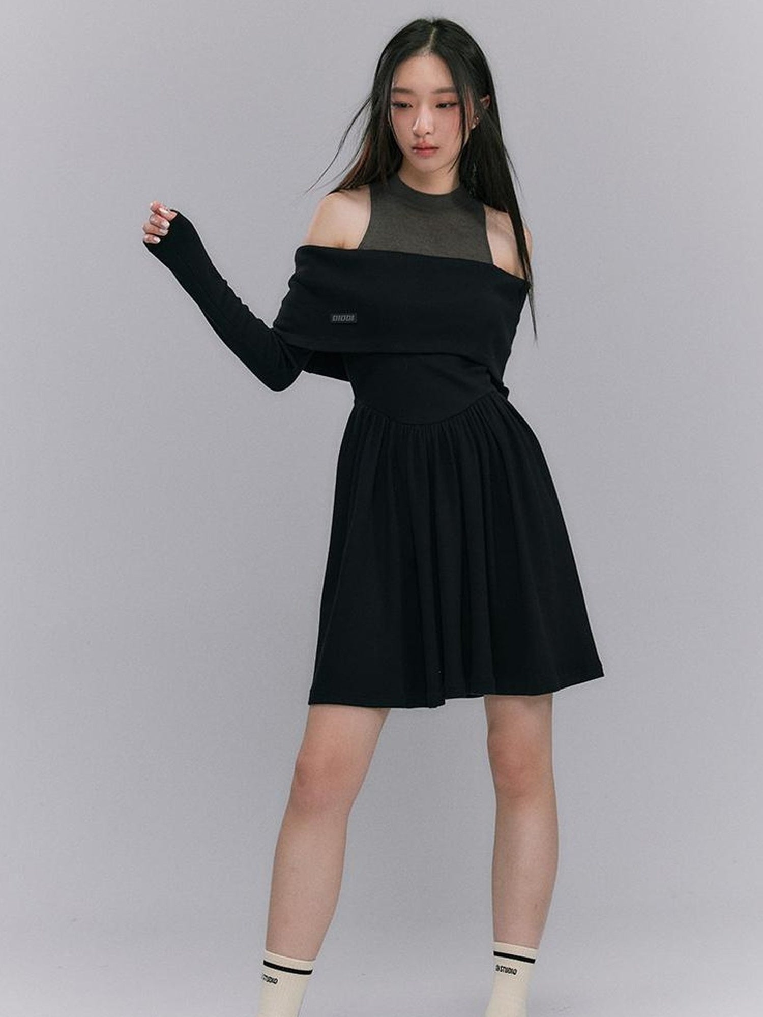 DIDDI MODA Knitted Off Shoulder Layered Dress With Embroidery