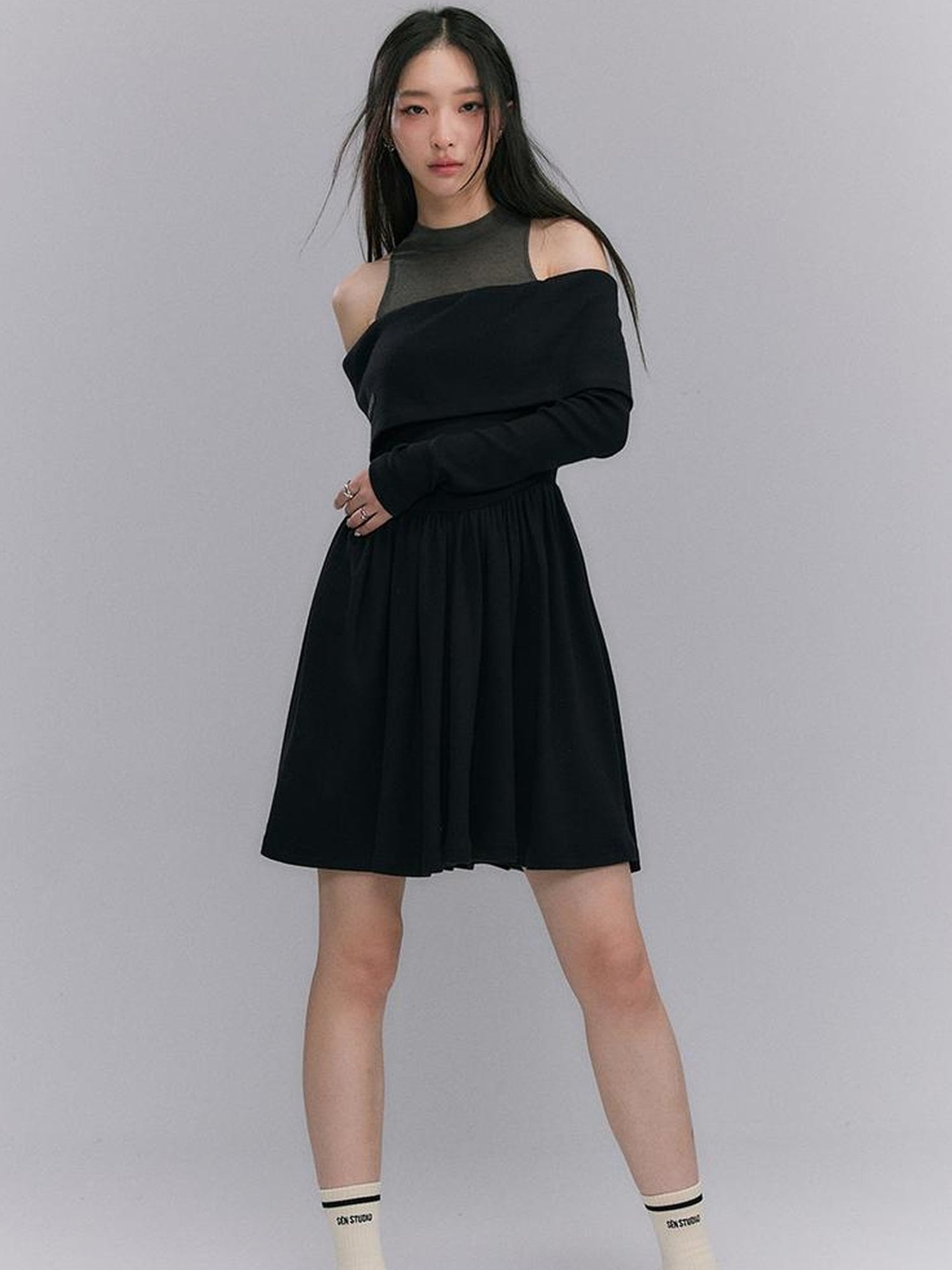 DIDDI MODA Knitted Off Shoulder Layered Dress With Embroidery