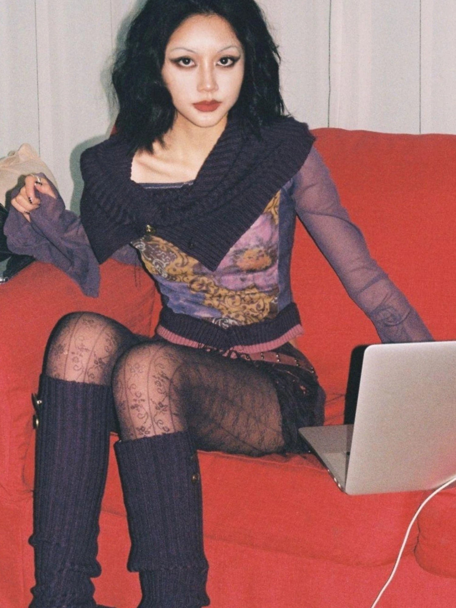 Knitted Pile Collar Printed Mesh