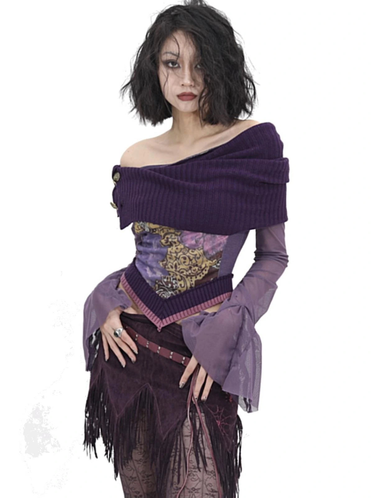 Knitted Pile Collar Printed Mesh