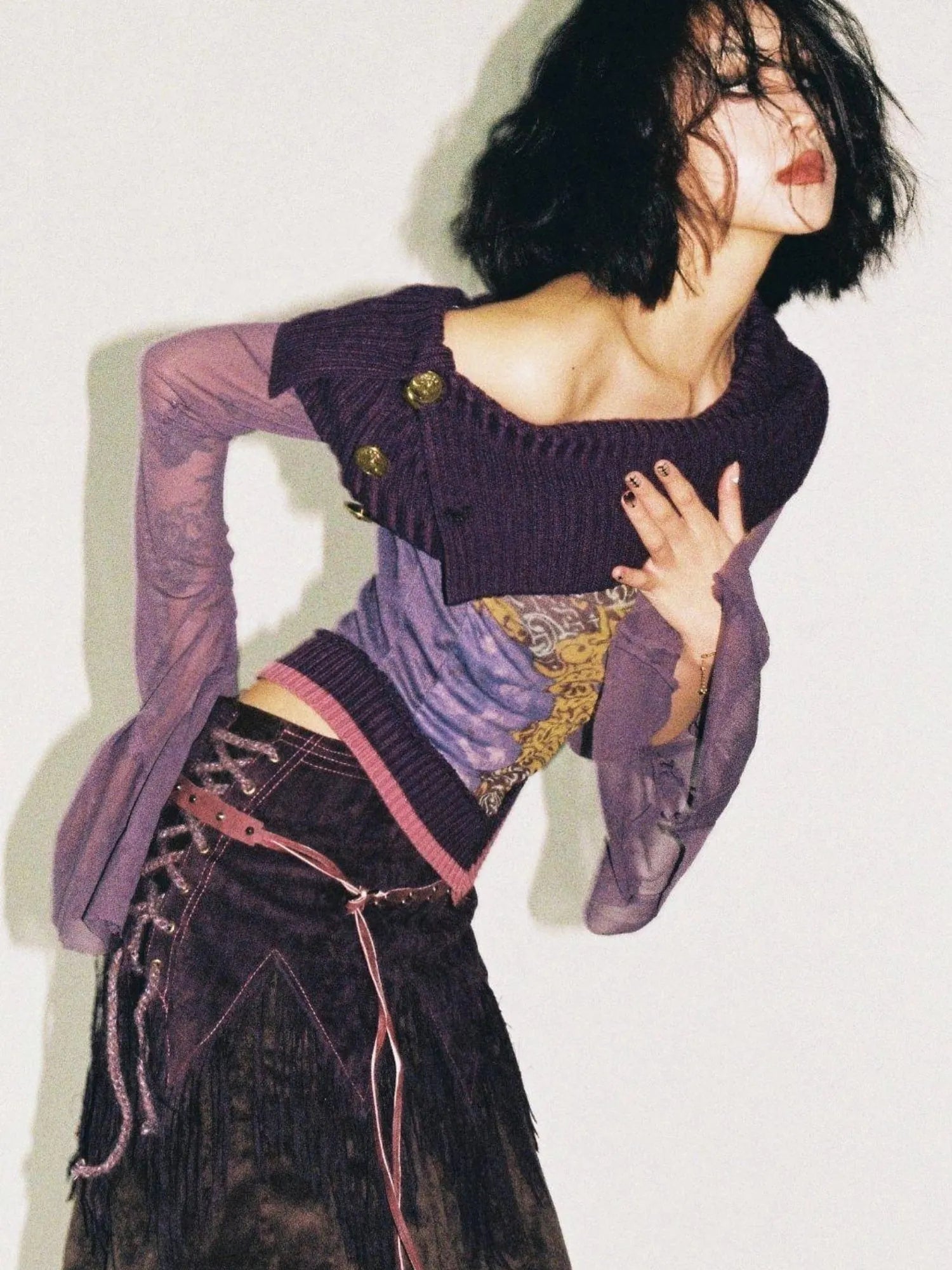 Knitted Pile Collar Printed Mesh