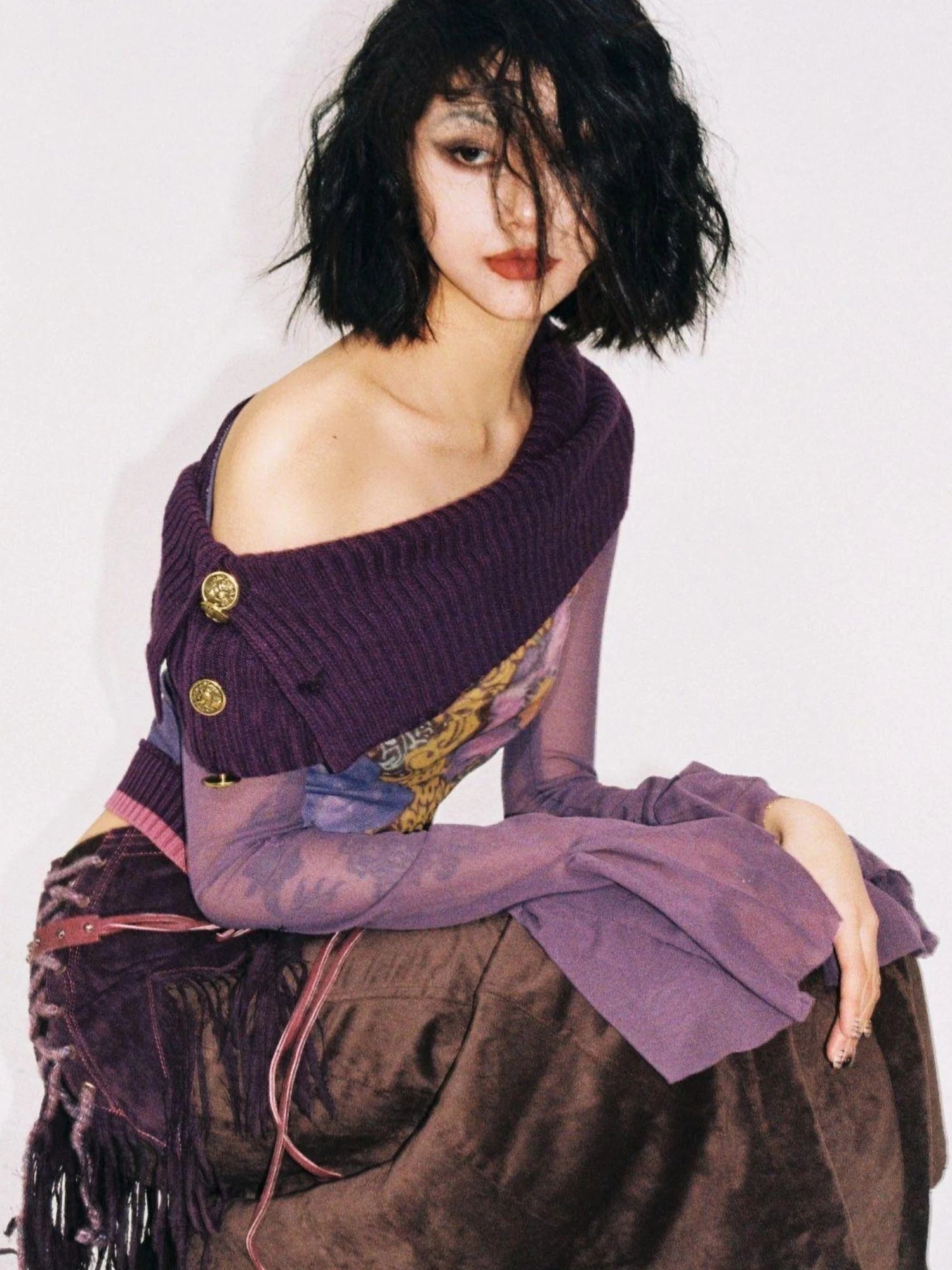 Knitted Pile Collar Printed Mesh