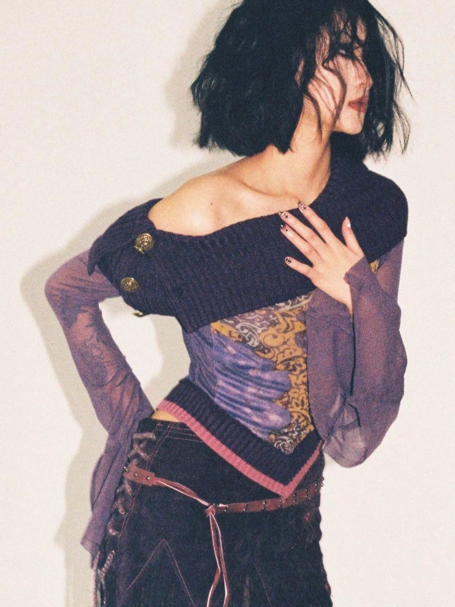 Knitted Pile Collar Printed Mesh