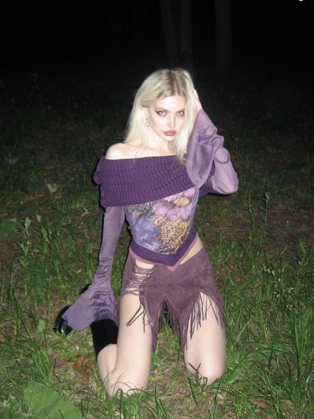 Knitted Pile Collar Printed Mesh