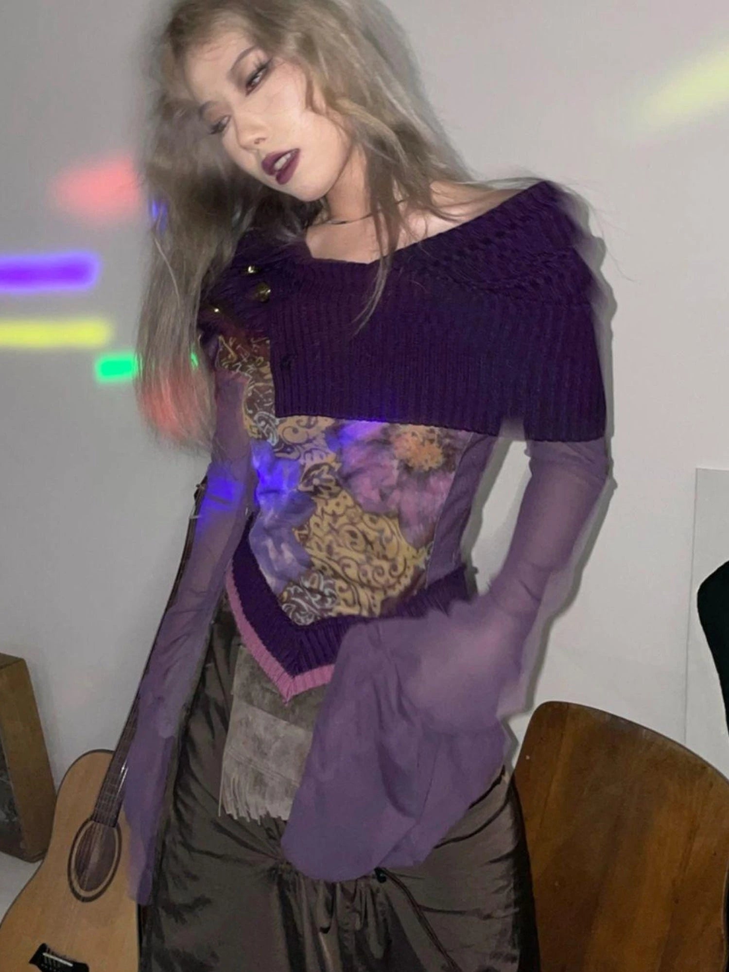 Knitted Pile Collar Printed Mesh