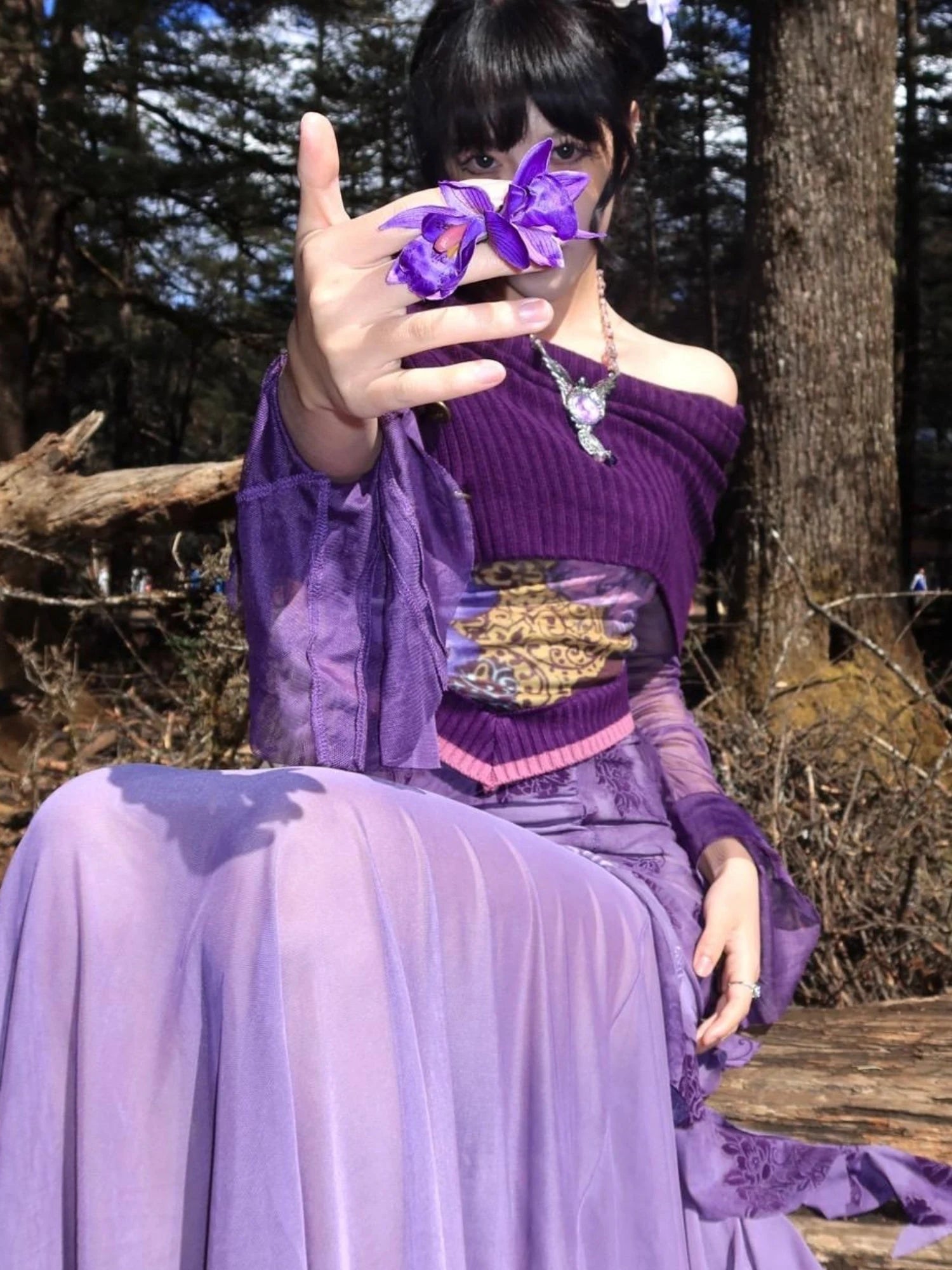 Knitted Pile Collar Printed Mesh