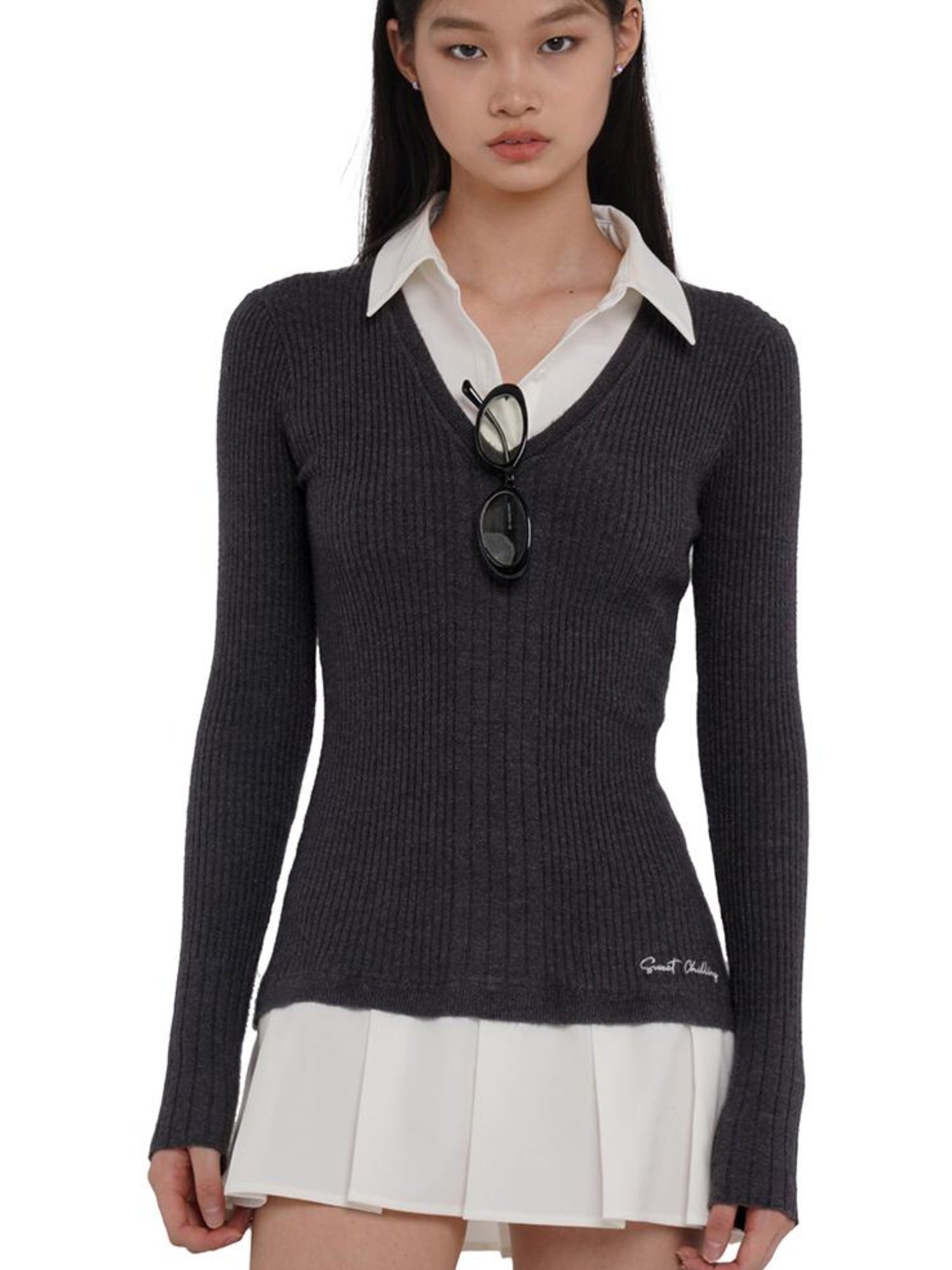 SweetChilling Knitted Shirt With Pleated Skirt Dress