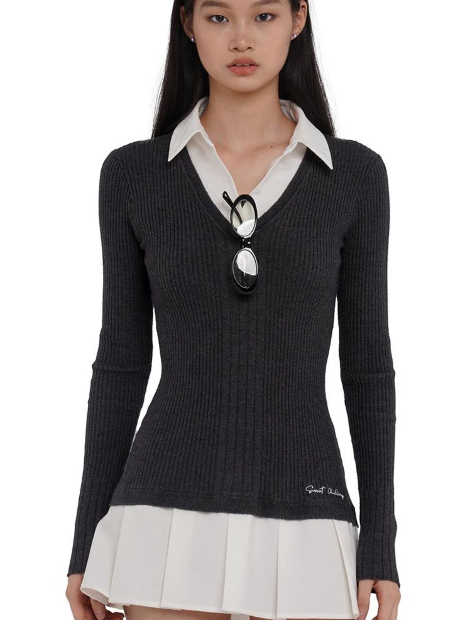 SweetChilling Knitted Shirt With Pleated Skirt Dress