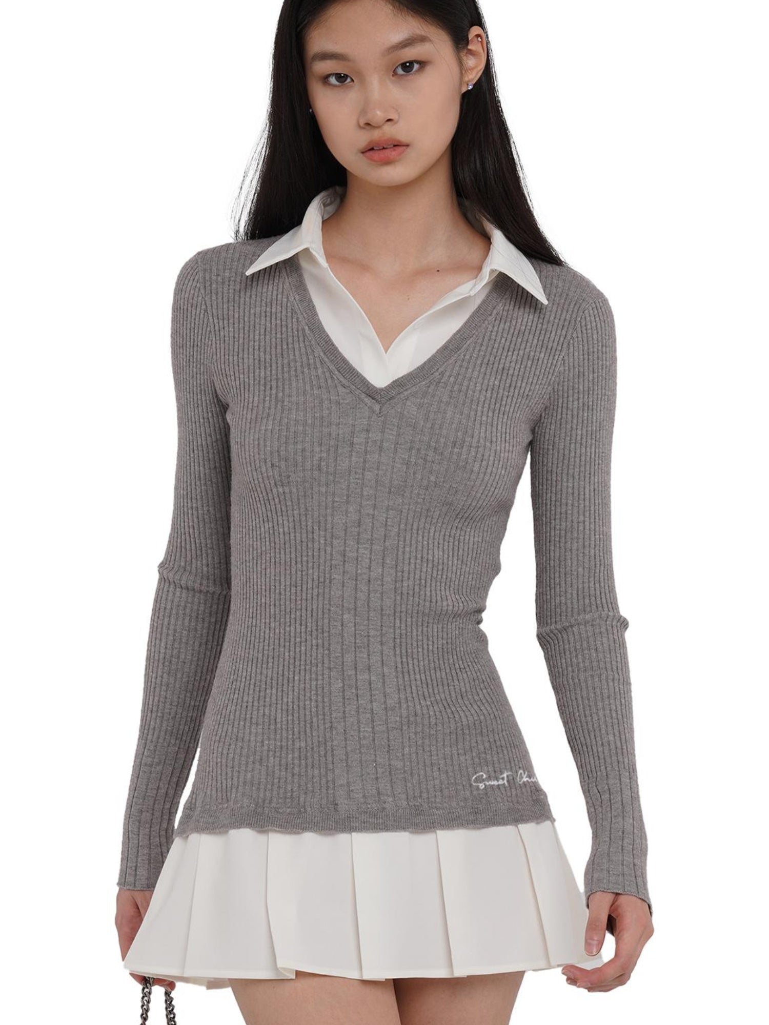 SweetChilling Knitted Shirt With Pleated Skirt Dress