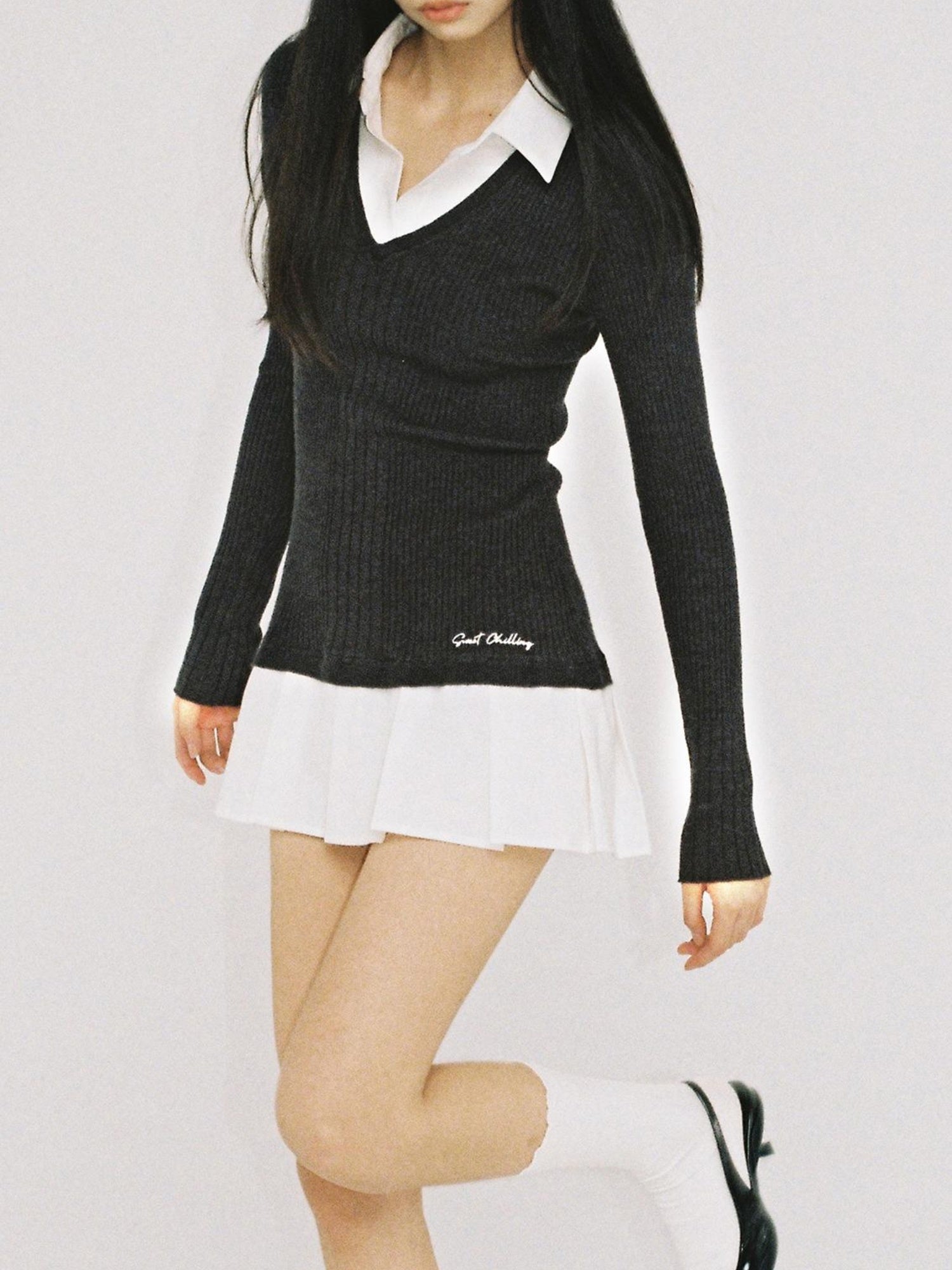 SweetChilling Knitted Shirt With Pleated Skirt Dress
