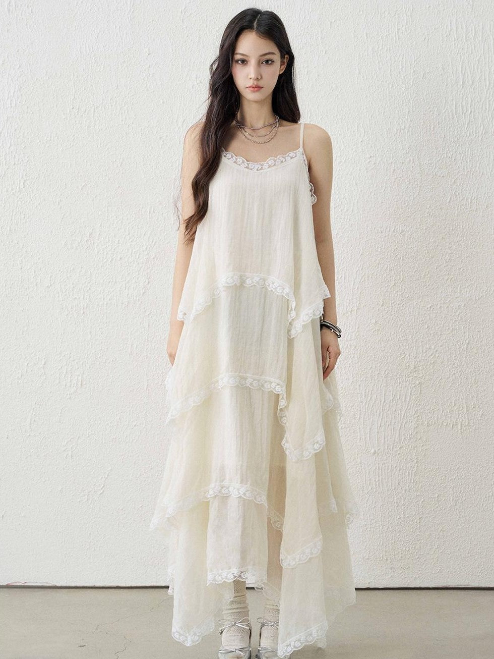 LADYGHOST Apricot Ethereal Spaghetti Strap Open Back Tiered Women&