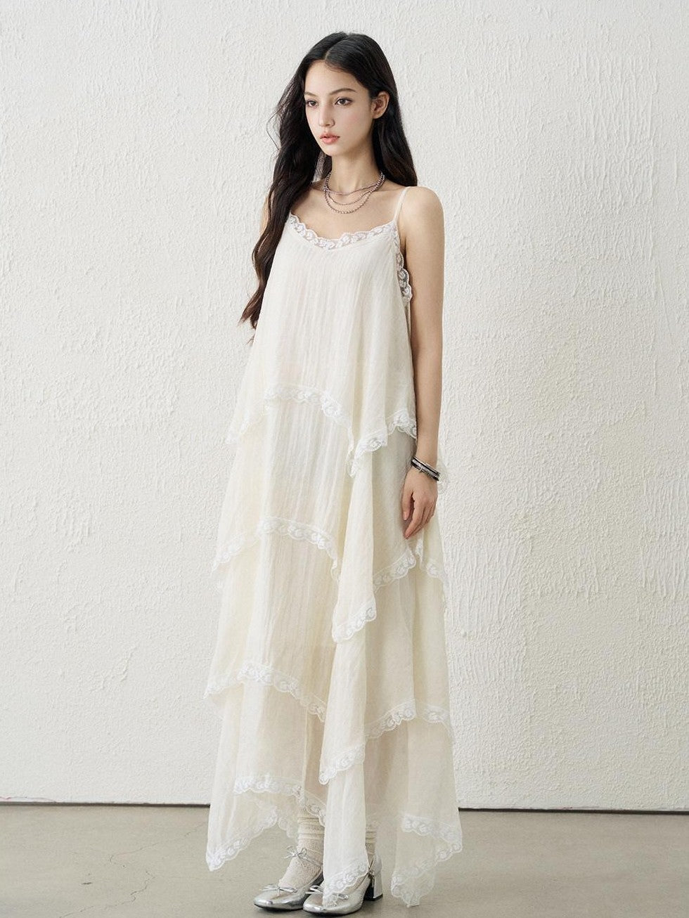LADYGHOST Apricot Ethereal Spaghetti Strap Open Back Tiered Women&