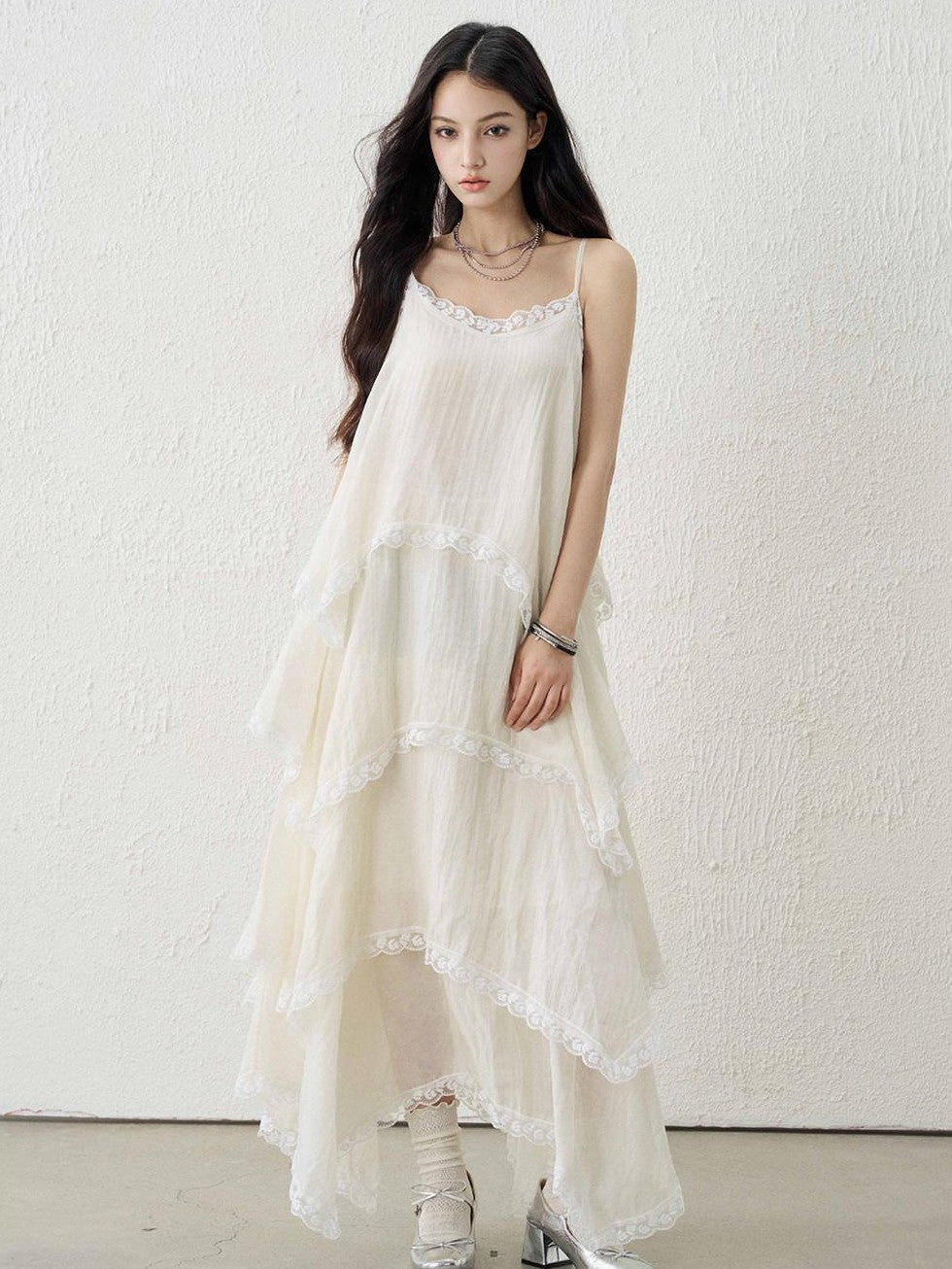 LADYGHOST Apricot Ethereal Spaghetti Strap Open Back Tiered Women&