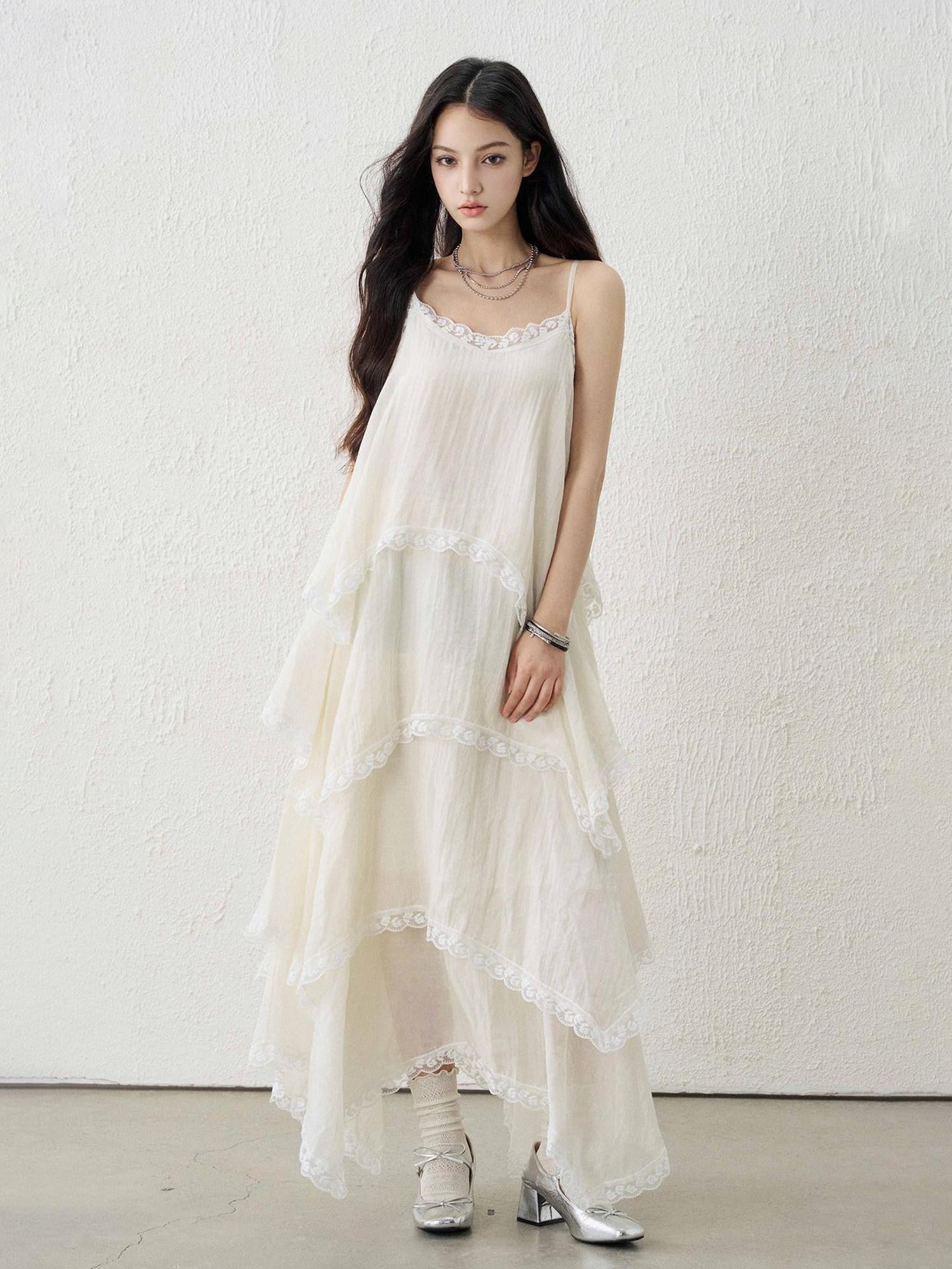 LADYGHOST Apricot Ethereal Spaghetti Strap Open Back Tiered Women&