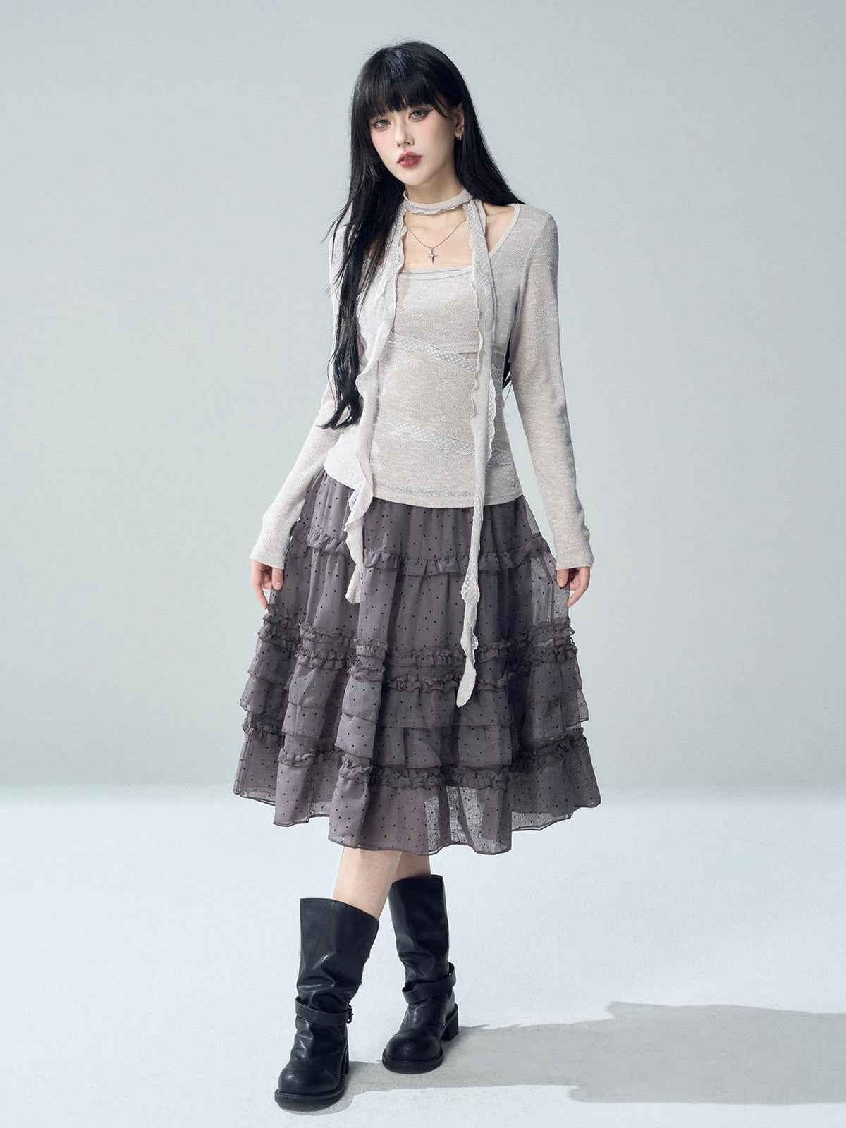 LADYGHOST Artistic Asymmetric Lace Patchwork Faux Layer Women&