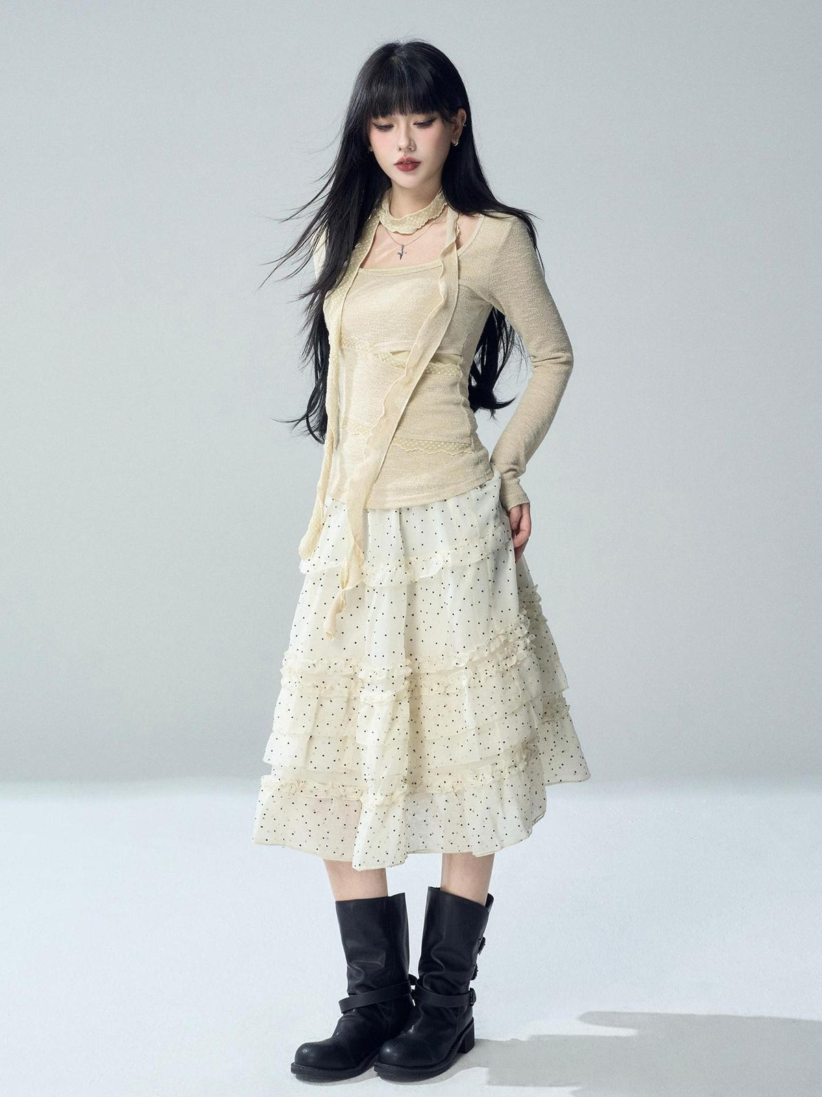 LADYGHOST Artistic Asymmetric Lace Patchwork Faux Layer Women&