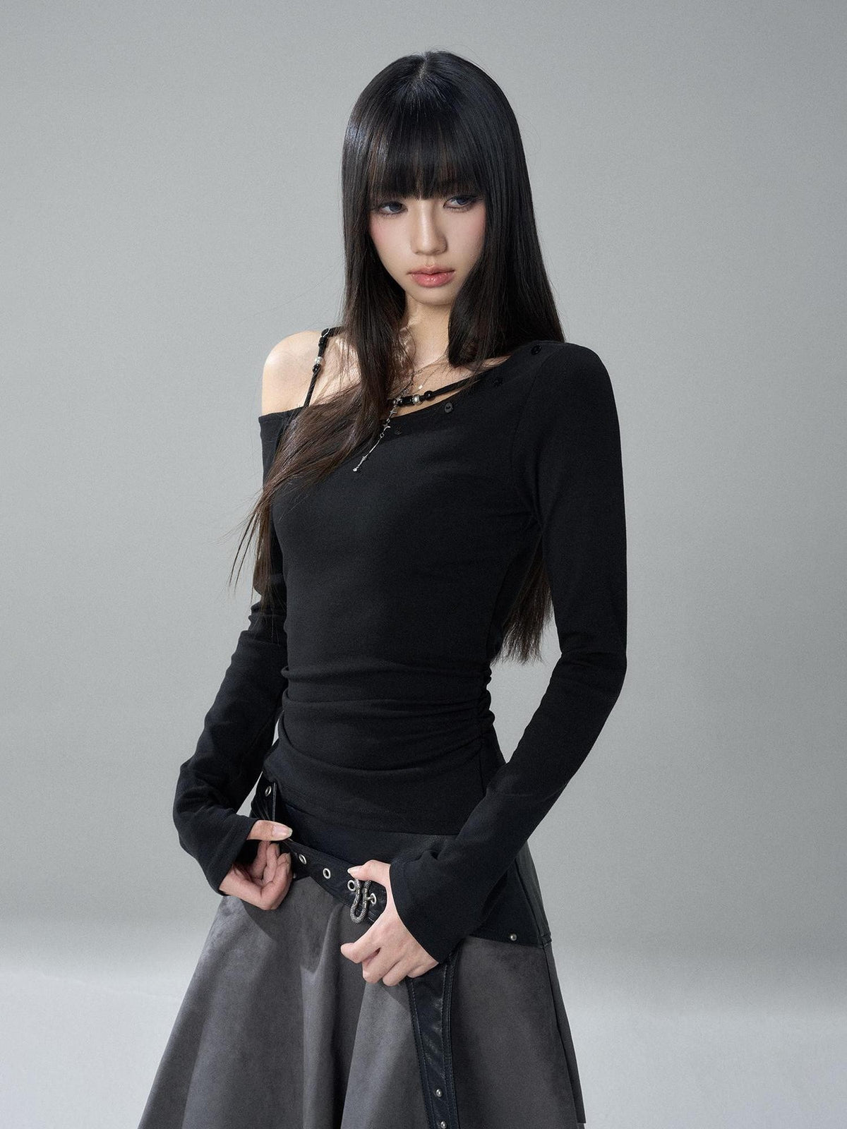 LADYGHOST Asymmetrical One Shoulder Ruched Solid Color Cotton Women&