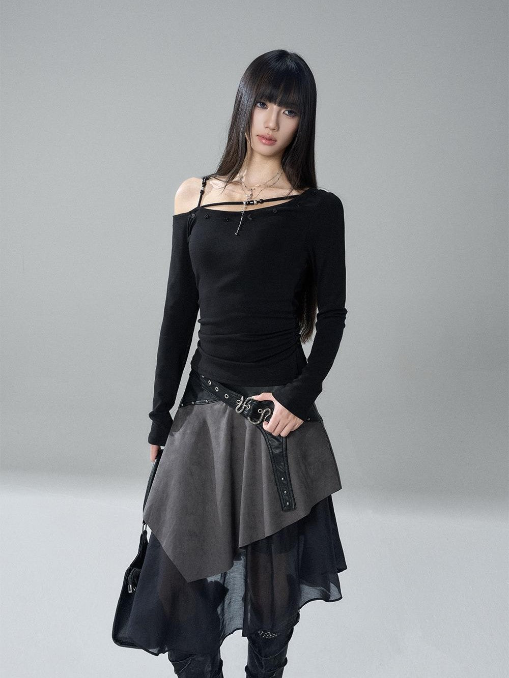 LADYGHOST Asymmetrical One Shoulder Ruched Solid Color Cotton Women&