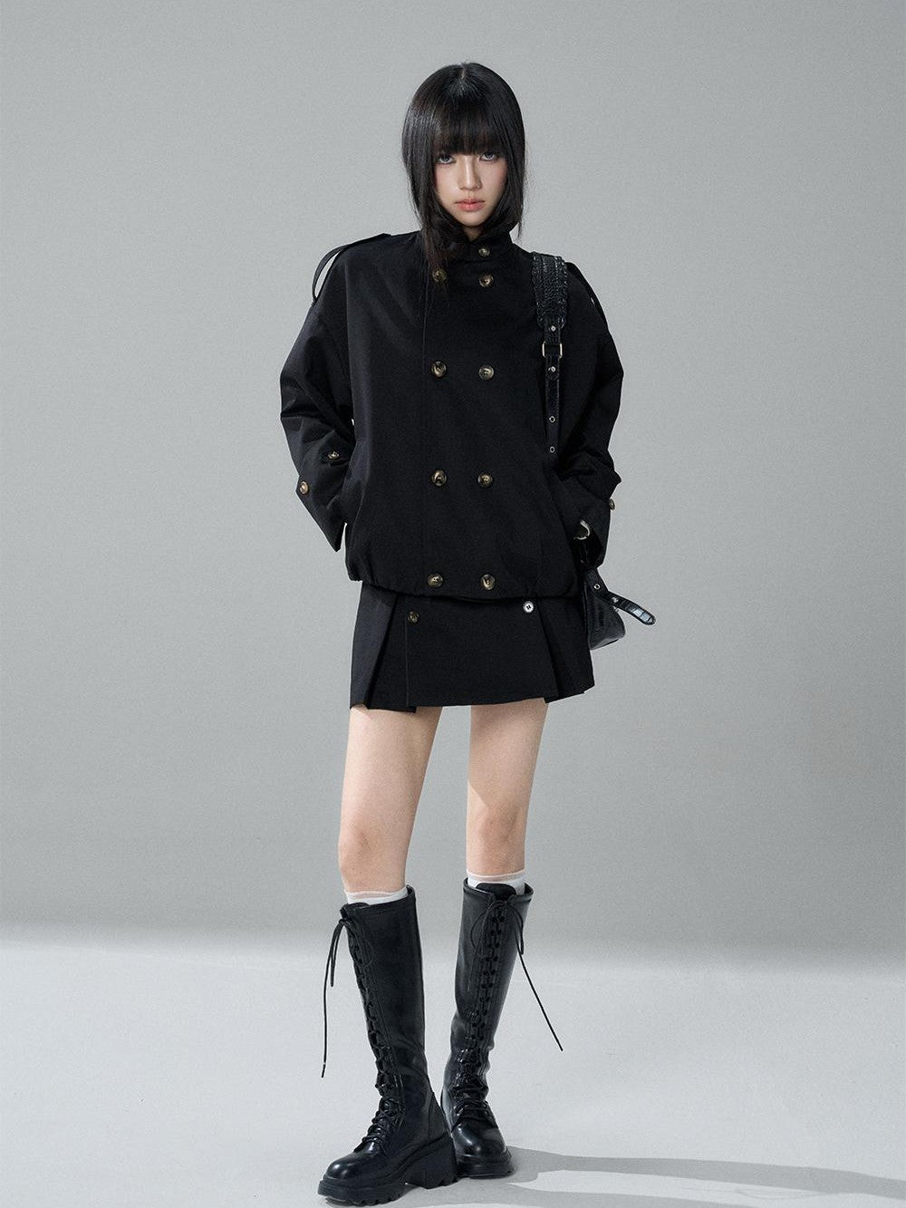 LADYGHOST Black Cropped Double Breasted Straight Fit Long Sleeve Women&