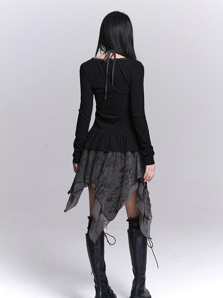 LADYGHOST Black Ghost Girl Halter Neck Faux Two Piece Women&