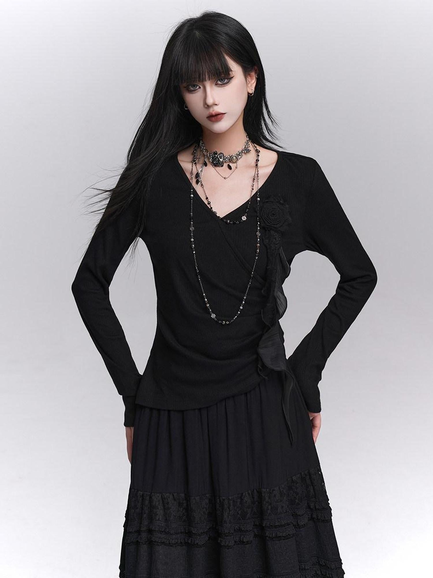 LADYGHOST Black Ghost Girl Print Slim V-neck Women&