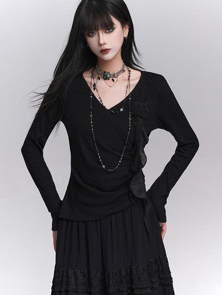 LADYGHOST Black Ghost Girl Print Slim V-neck Women&