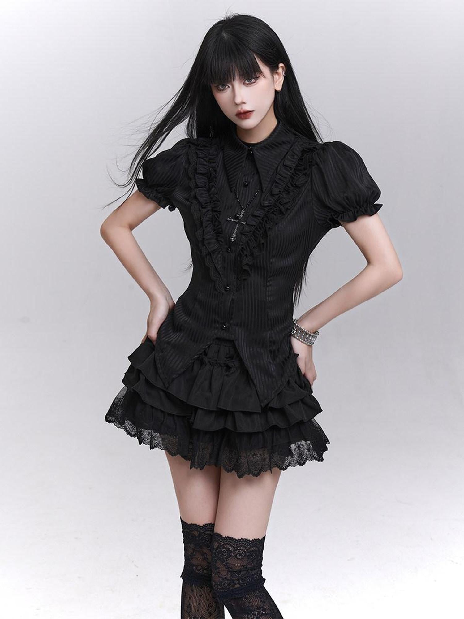 LADYGHOST Black Ghost Print Gothic Lolita Short Sleeve Women&