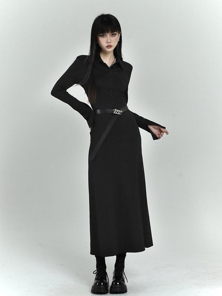 LADYGHOST Black Long Sleeve Polo Shirt Dress Slim Fit Women&