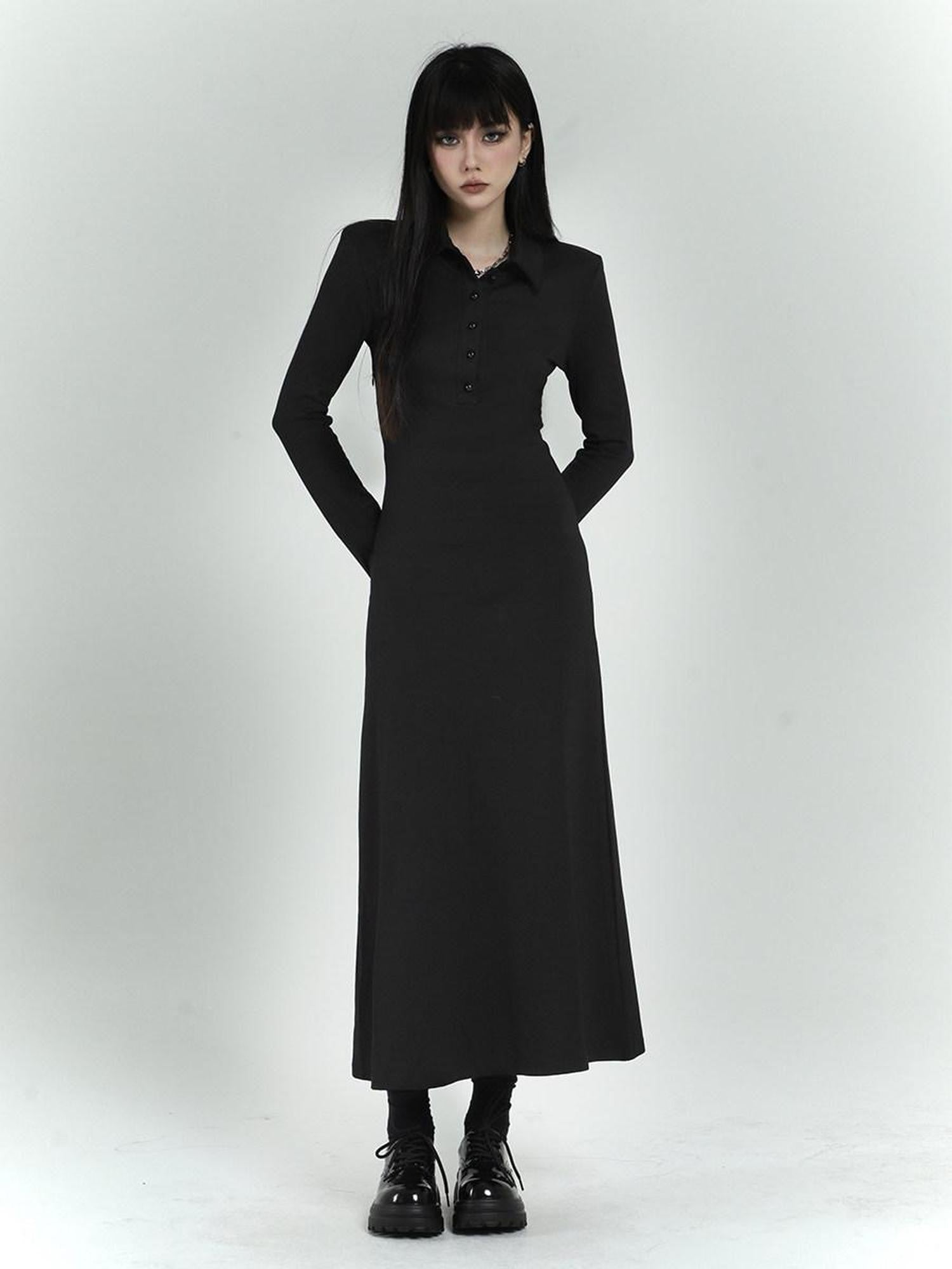 LADYGHOST Black Long Sleeve Polo Shirt Dress Slim Fit Women&