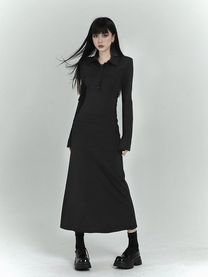 LADYGHOST Black Long Sleeve Polo Shirt Dress Slim Fit Women&