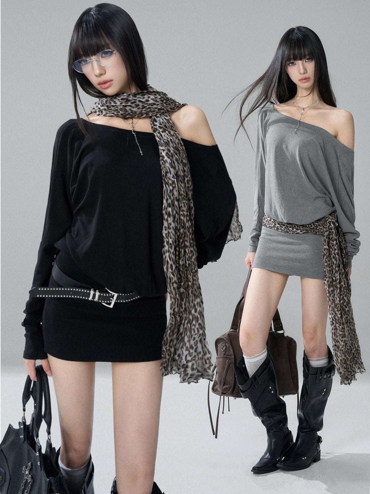 LADYGHOST Black Off Shoulder Long Sleeve Knit Slim Fit Women&