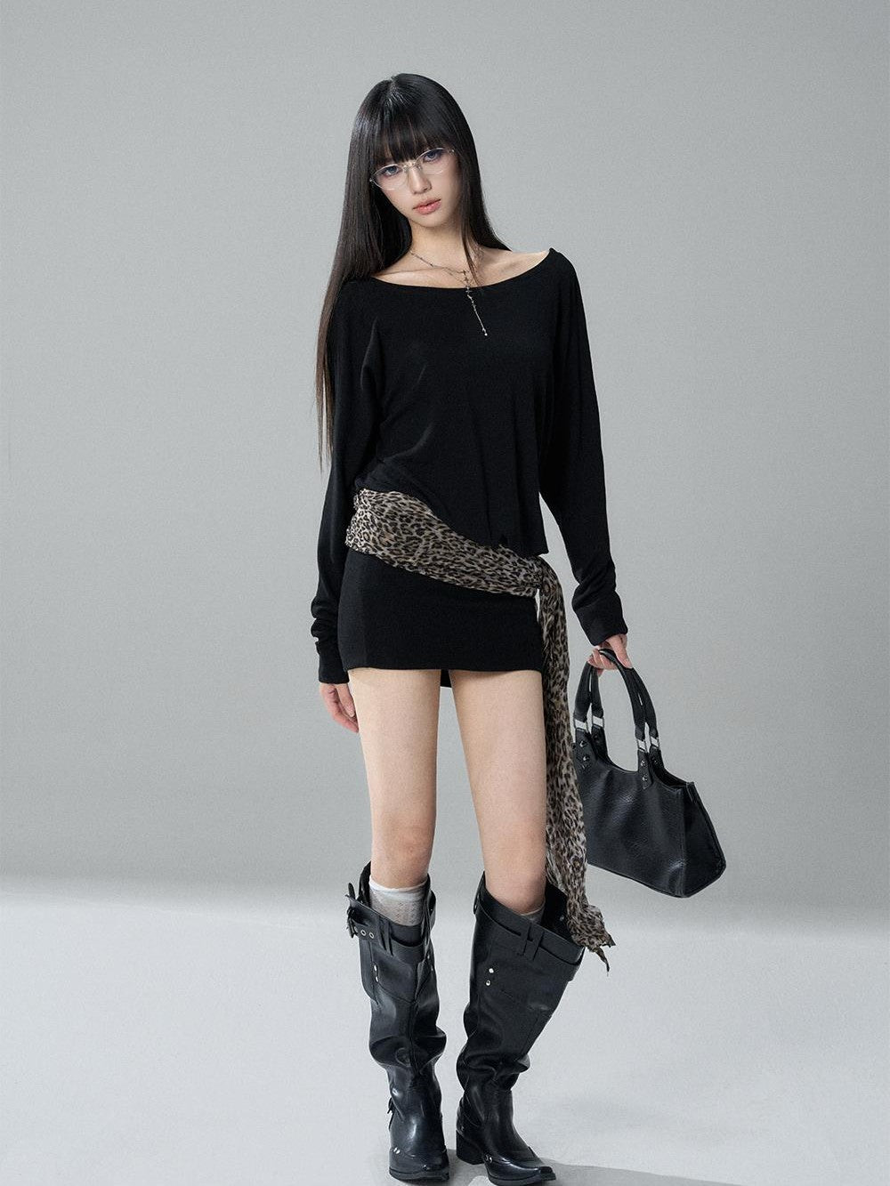 LADYGHOST Black Off Shoulder Long Sleeve Knit Slim Fit Women&
