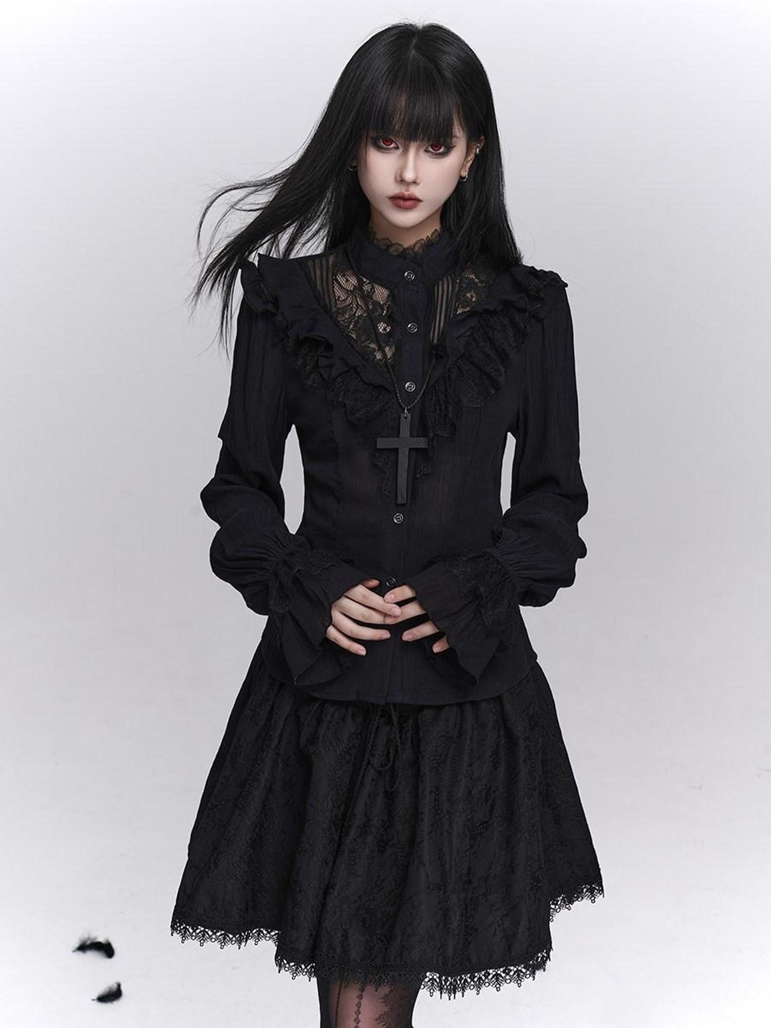 LADYGHOST Black Victorian Gothic Long Sleeve Lace Trim Women&