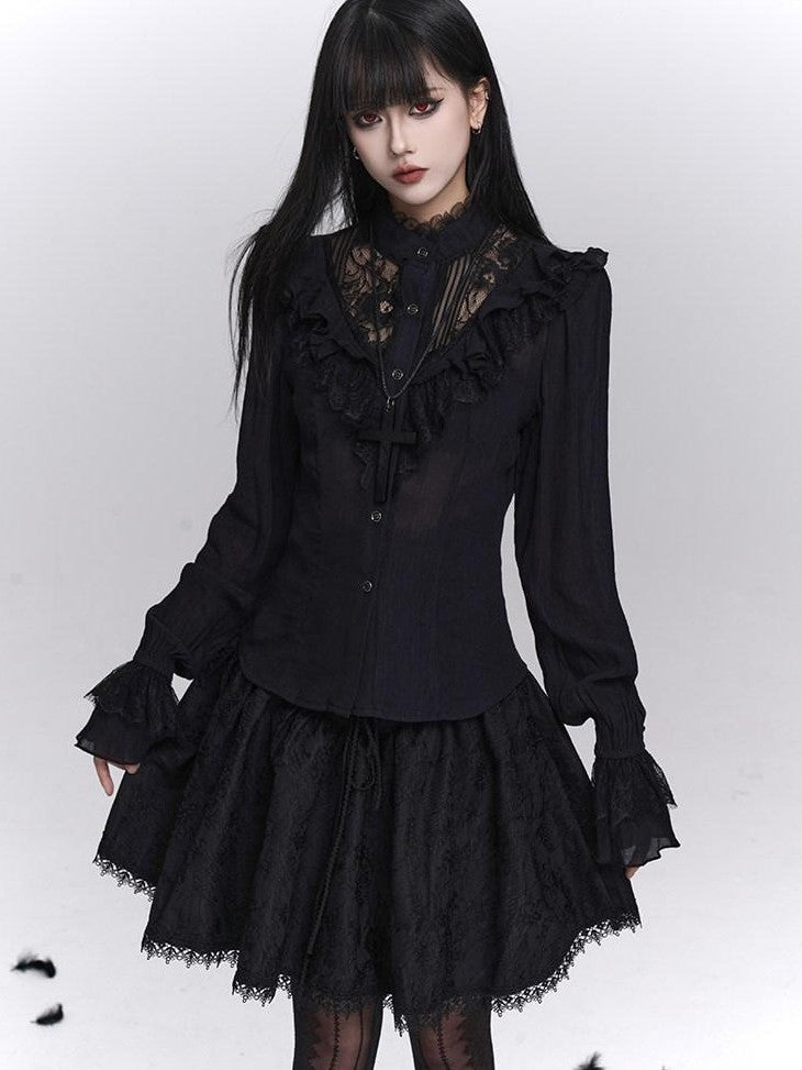 LADYGHOST Black Victorian Gothic Long Sleeve Lace Trim Women&