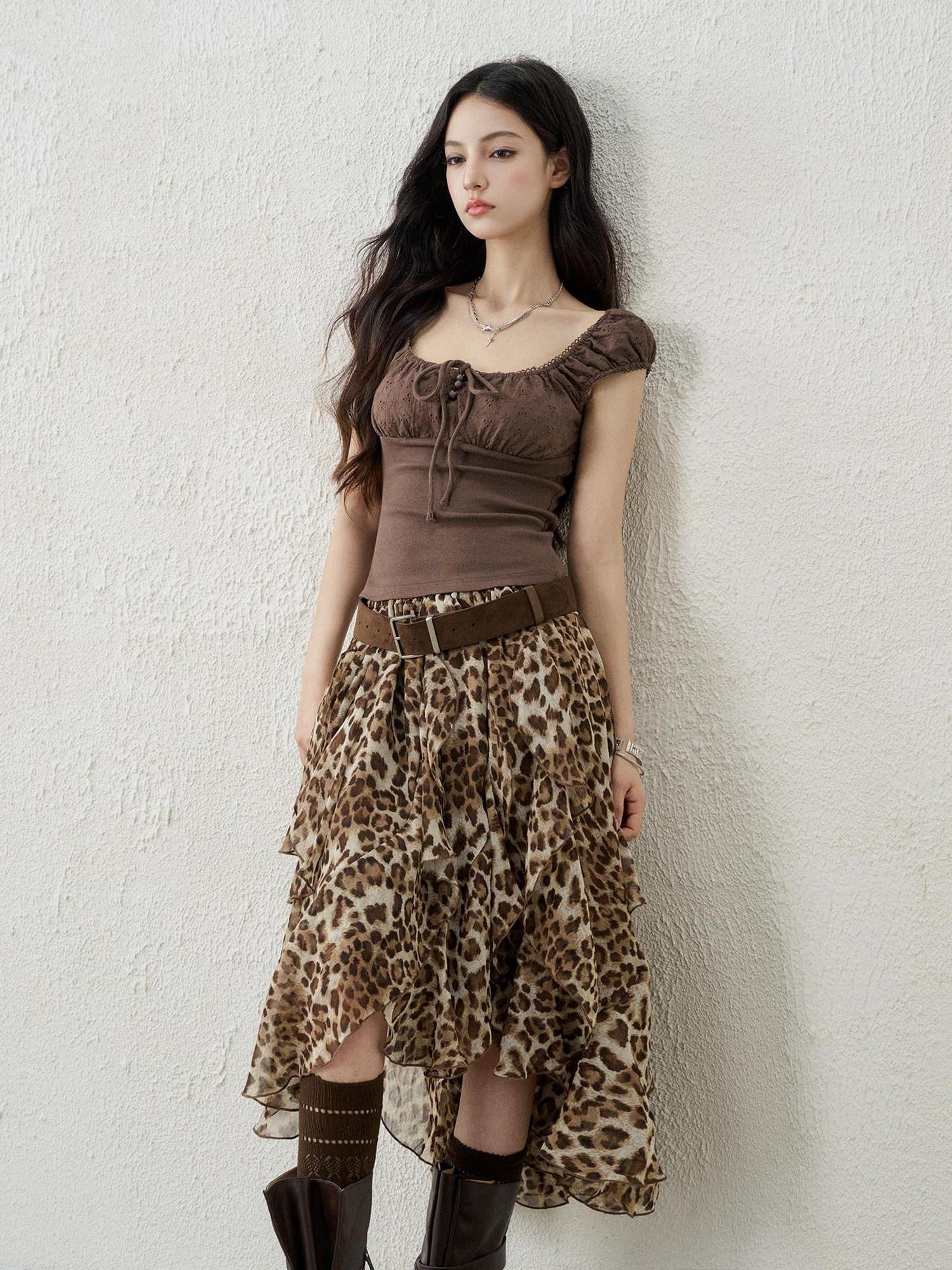 LADYGHOST Brown Leopard Print A Line Asymmetric Ruffle Women&