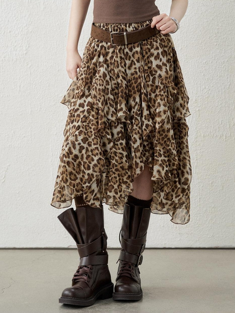 LADYGHOST Brown Leopard Print A Line Asymmetric Ruffle Women&