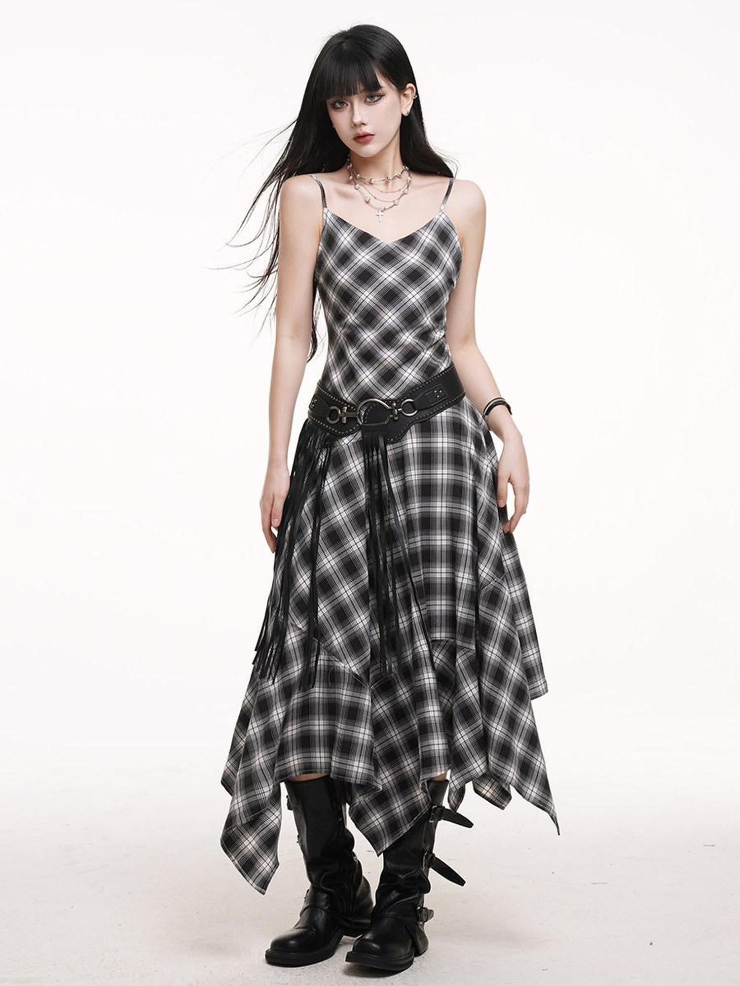 LADYGHOST Ethereal Asymmetrical Hem Black White Check Women&
