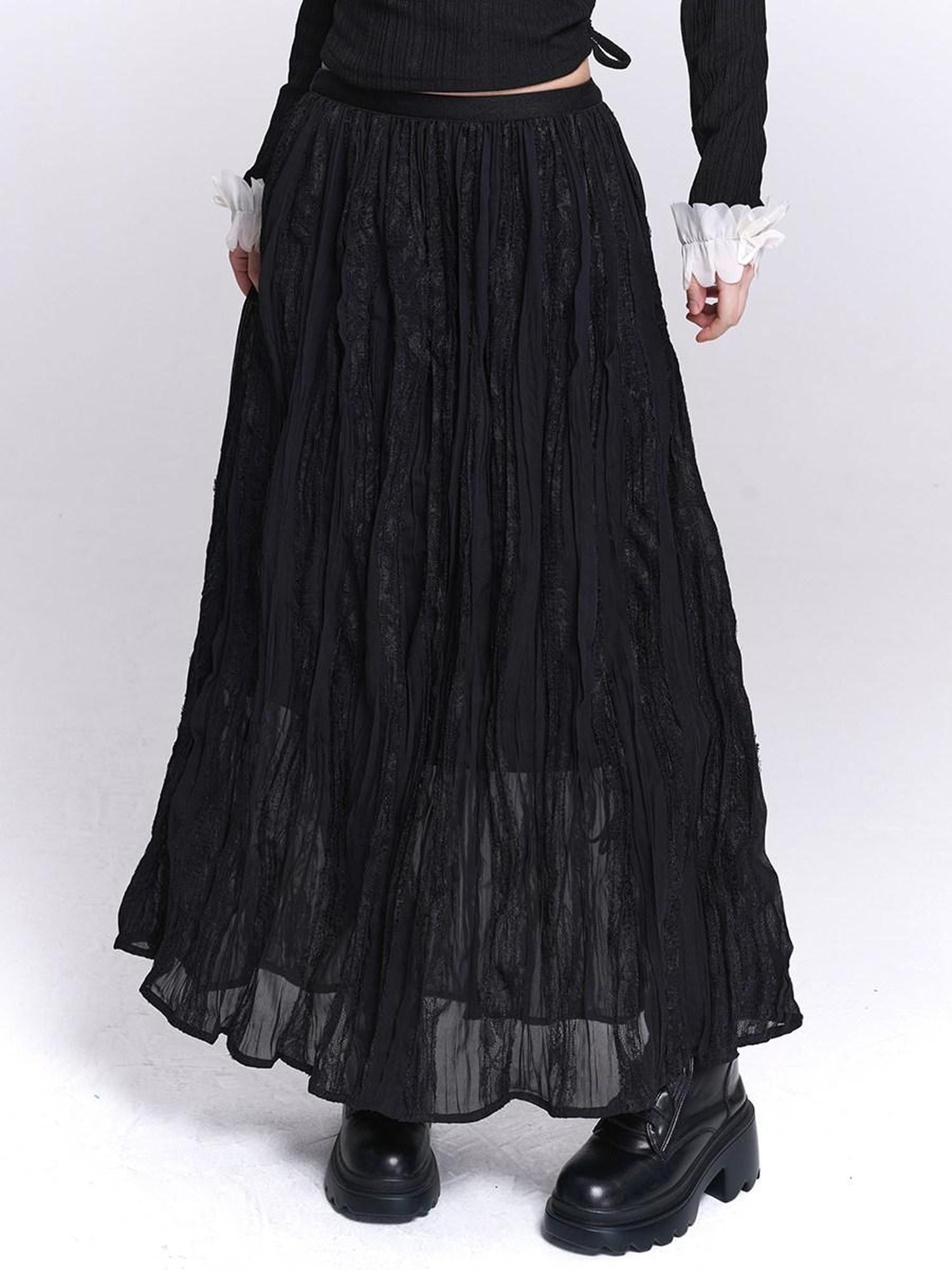 LADYGHOST Ethereal Black Pleated Lace Panel Beach Women&