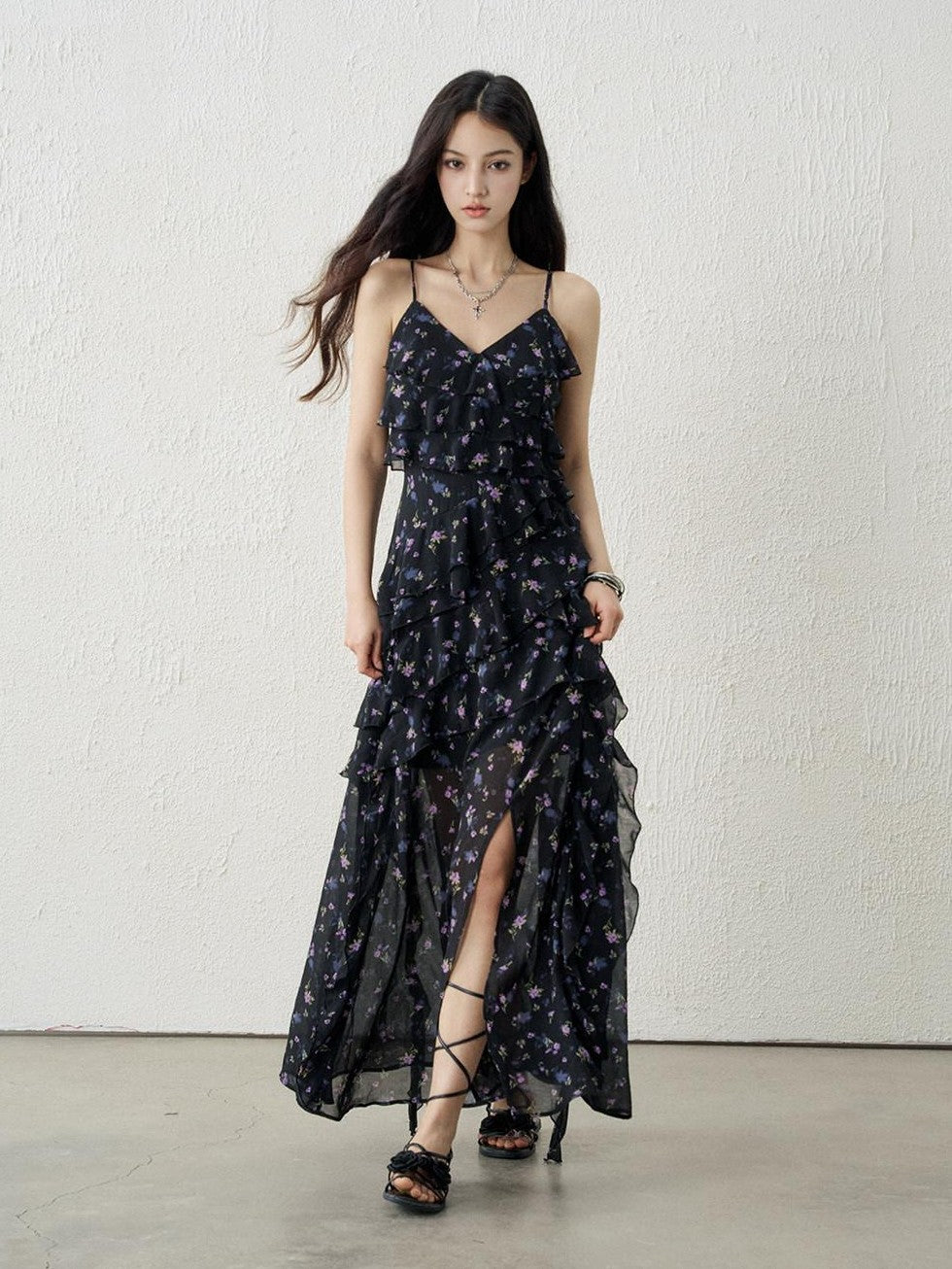LADYGHOST Ethereal Black Purple Floral French Spaghetti Strap Women&