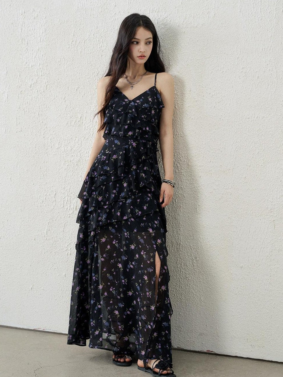 LADYGHOST Ethereal Black Purple Floral French Spaghetti Strap Women&
